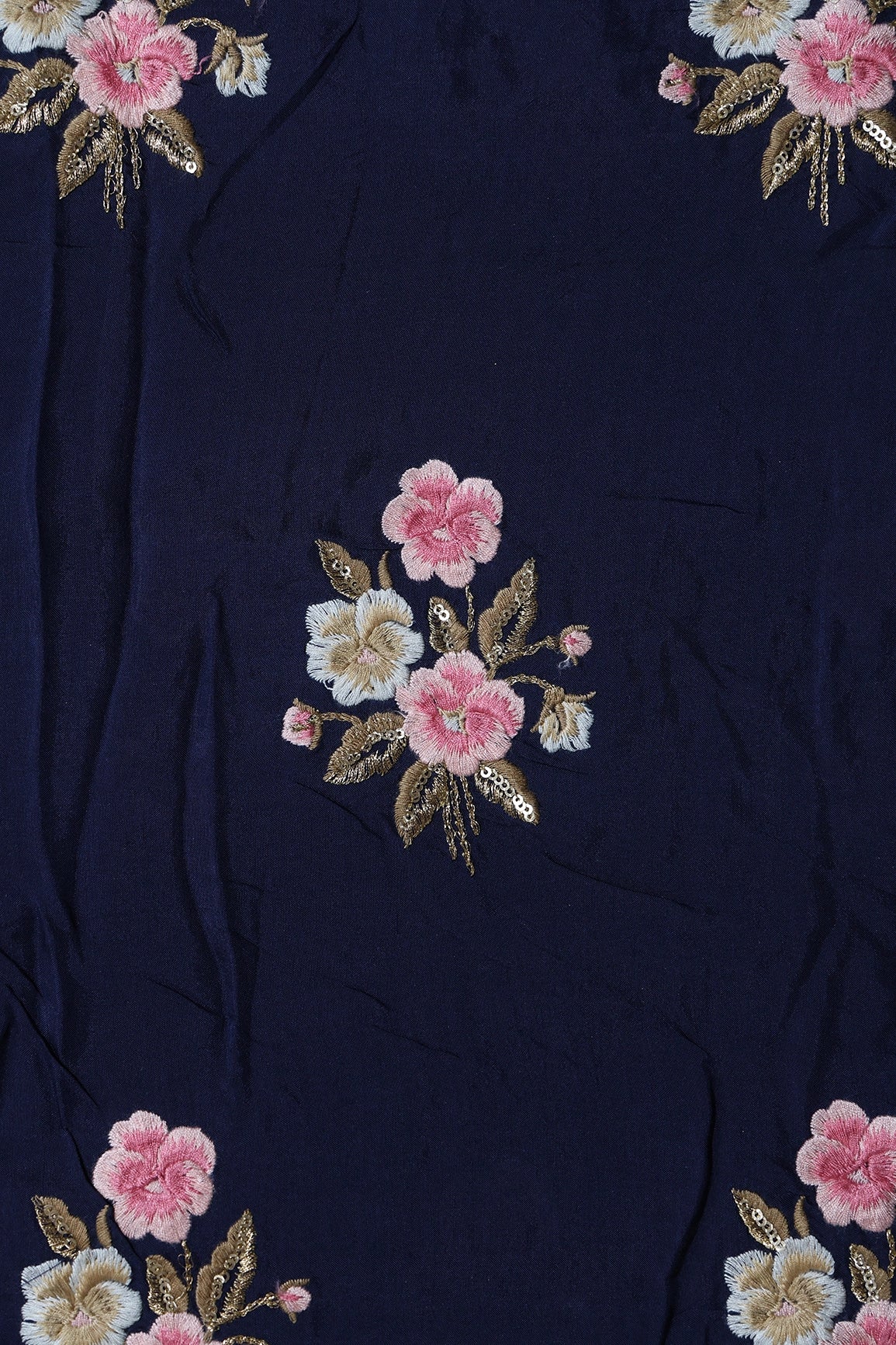 6.25 Meter Cut Piece Of Pink And Beige Thread With Gold Sequins Floral Embroidery On Navy Blue Muslin Silk Fabric - doeraa