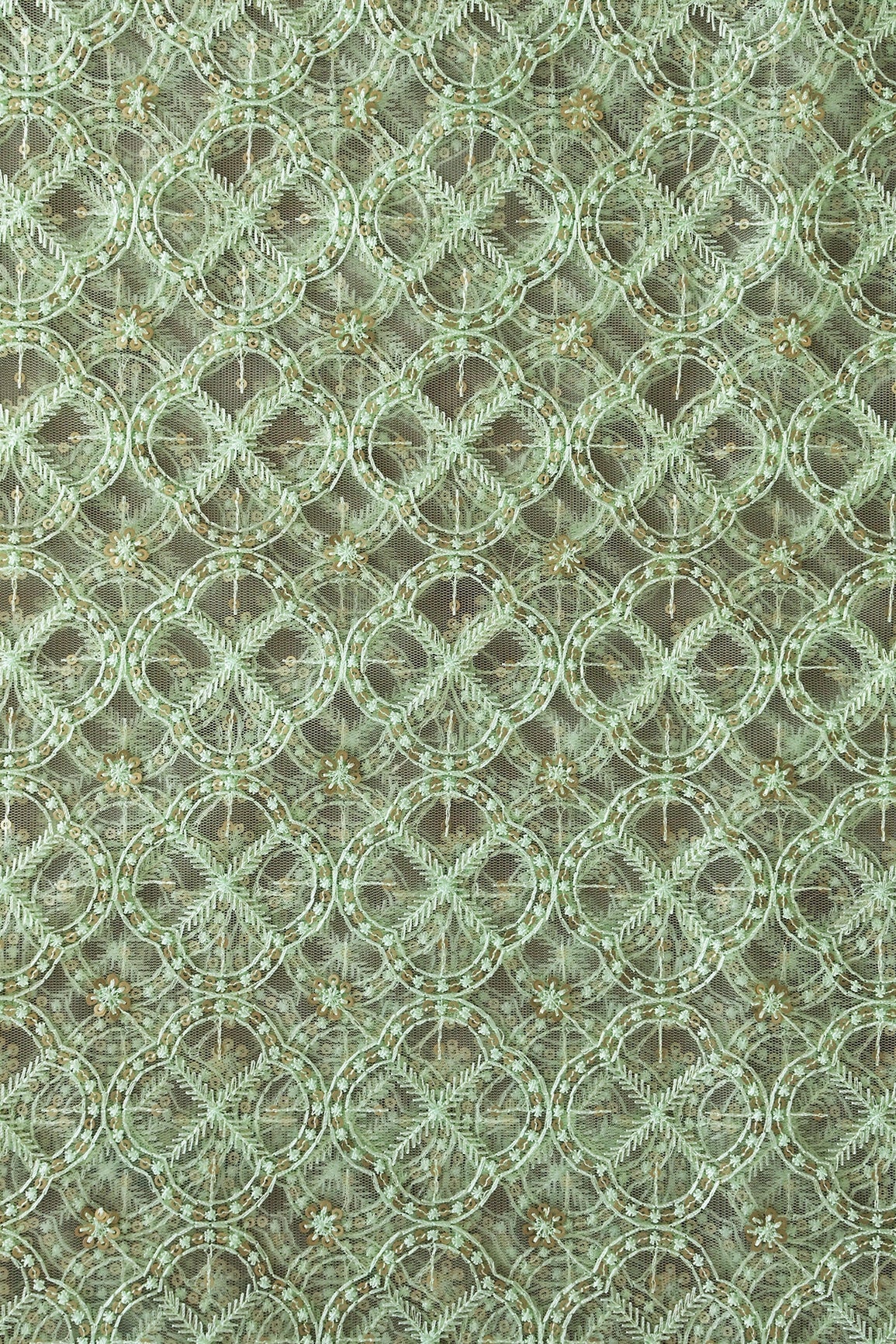 6.75 Meter Cut Piece Of Olive Thread With Gold Sequins Geometric Embroidery On Olive Soft Net Fabric - doeraa