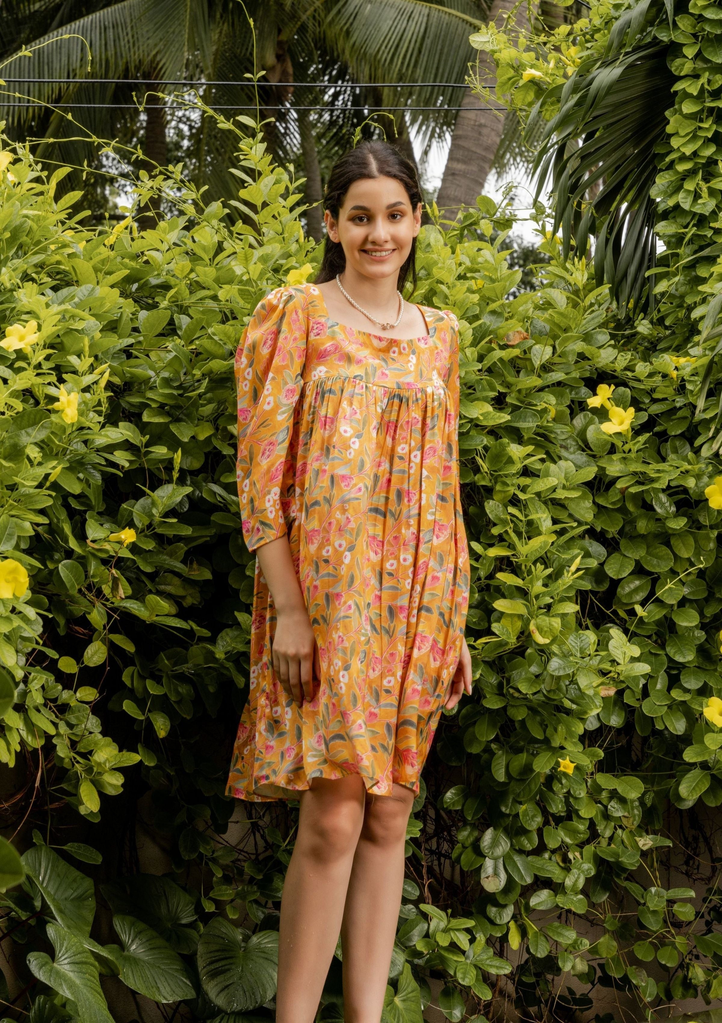 Melon Yellow Floral Satin Dress