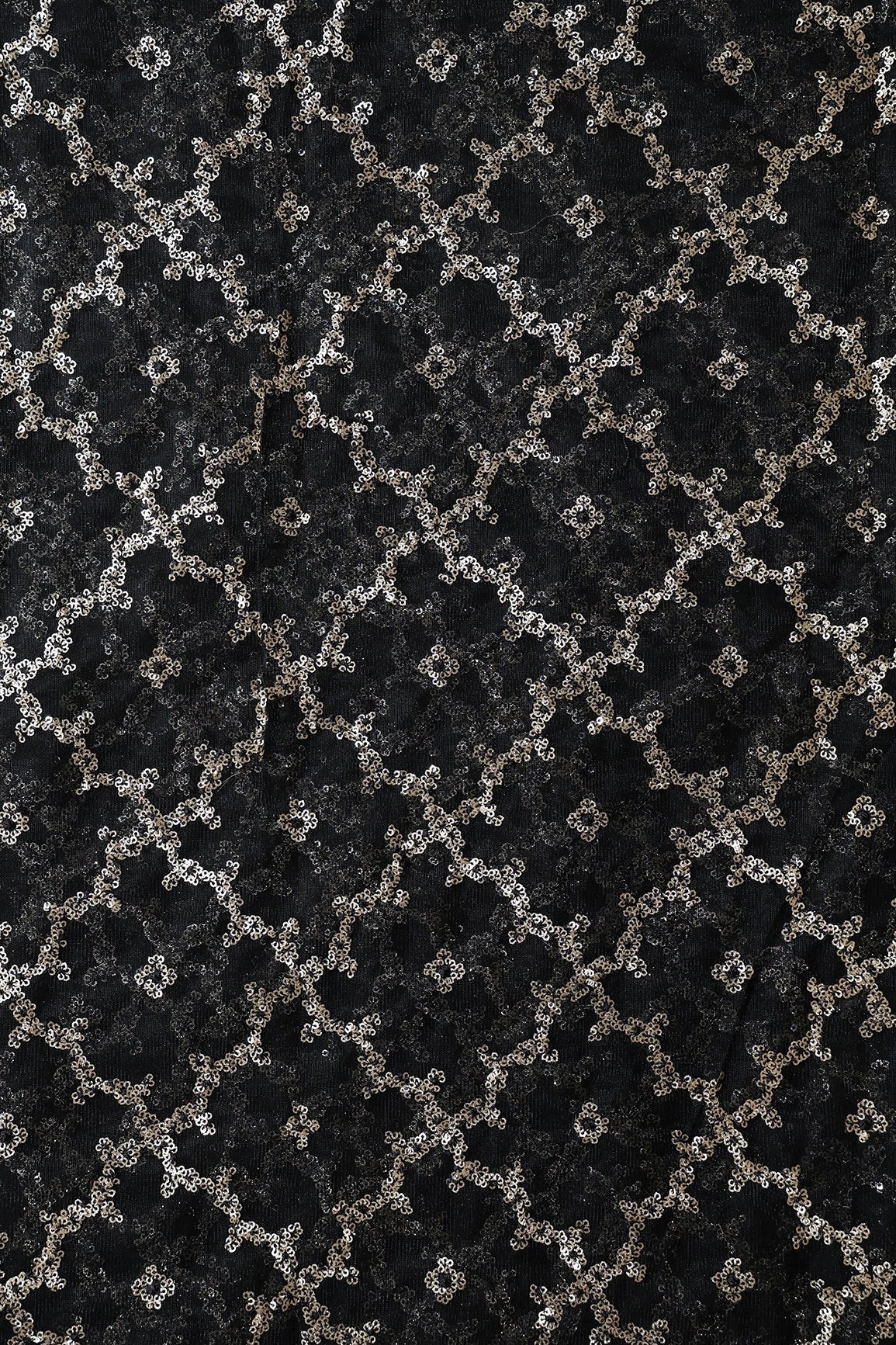 7 Meter Cut Piece Of Gold Sequins Geometric Embroidery On Black Soft Net Fabric - doeraa