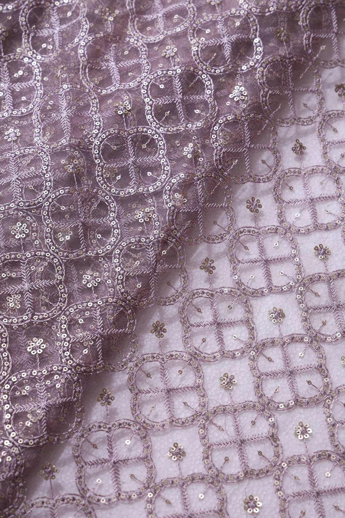 7.25 Meter Cut Piece Of Mauve Thread With Gold Sequins Geometric Embroidery On Mauve Soft Net Fabric - doeraa