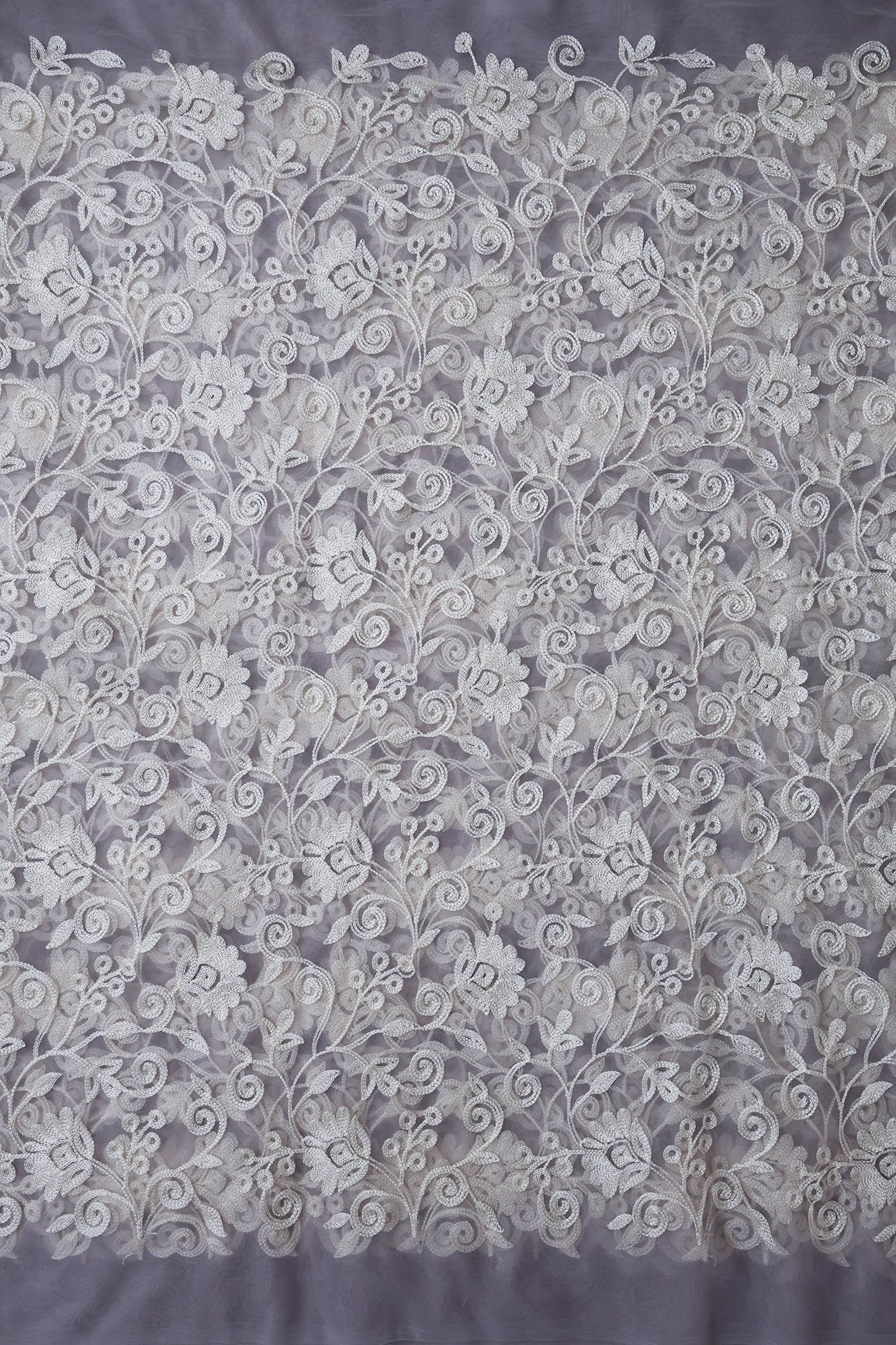 8.25 Meter Cut Piece Of White Thread Floral Embroidery On Grey Soft Net Fabric - doeraa