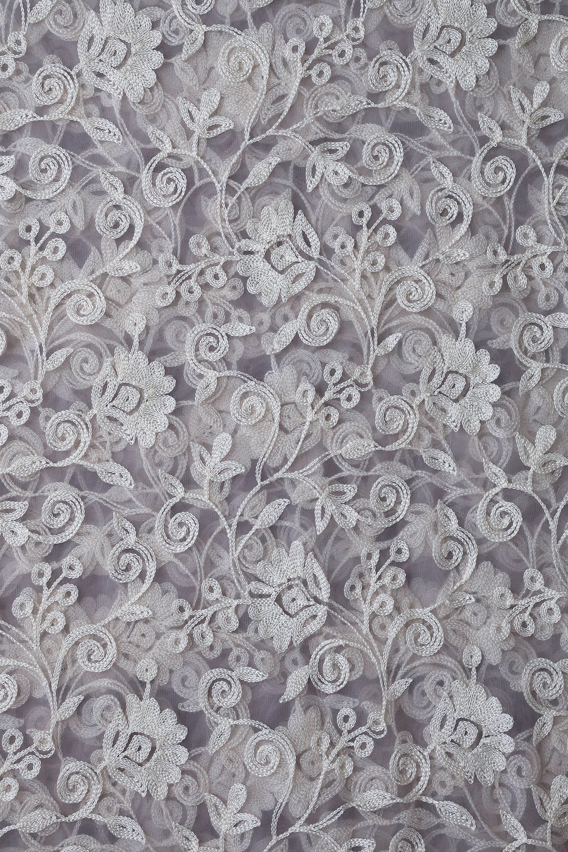 8.25 Meter Cut Piece Of White Thread Floral Embroidery On Grey Soft Net Fabric - doeraa