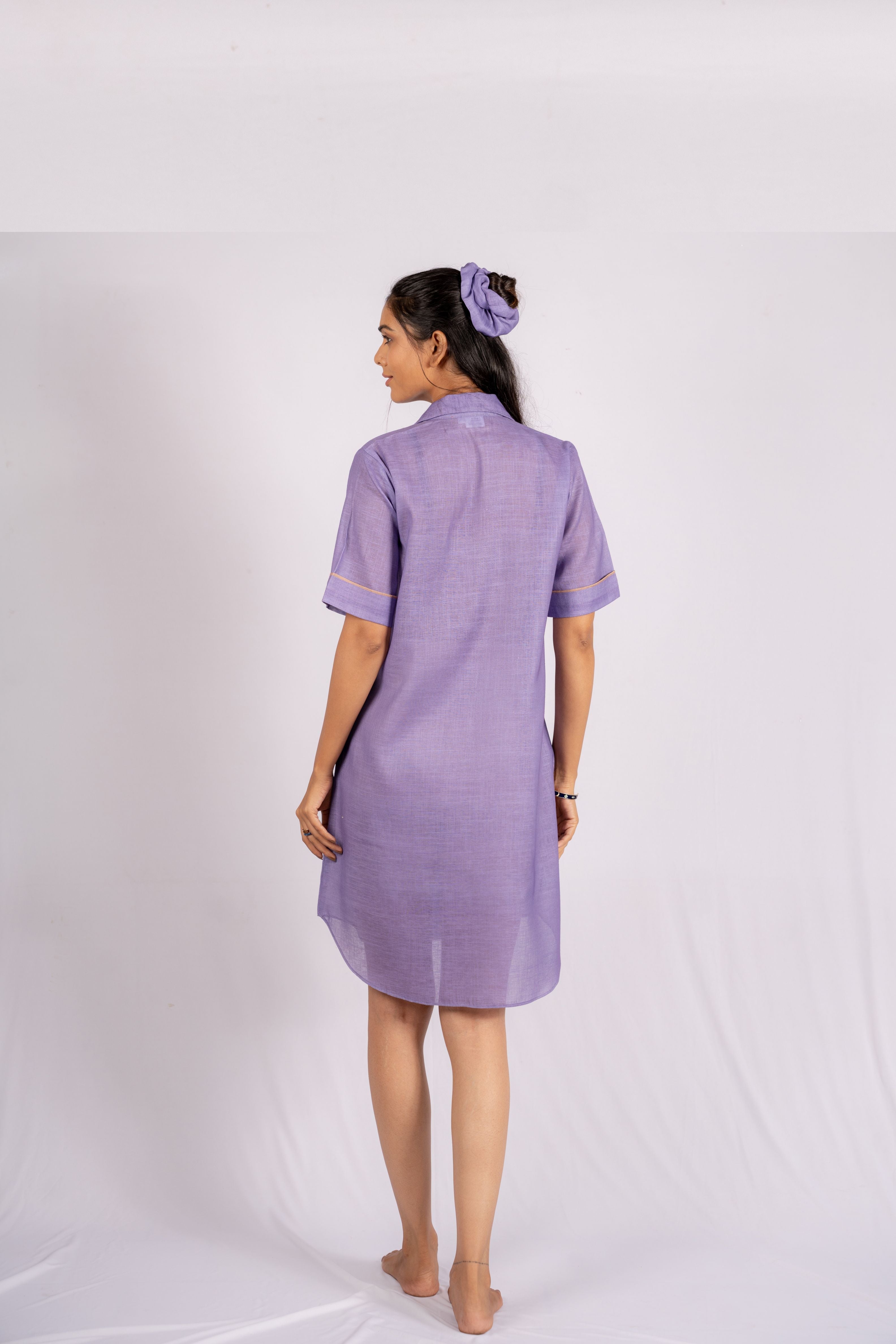 Amethyst Violet Linen Shirt Dress with Wooden Buttons