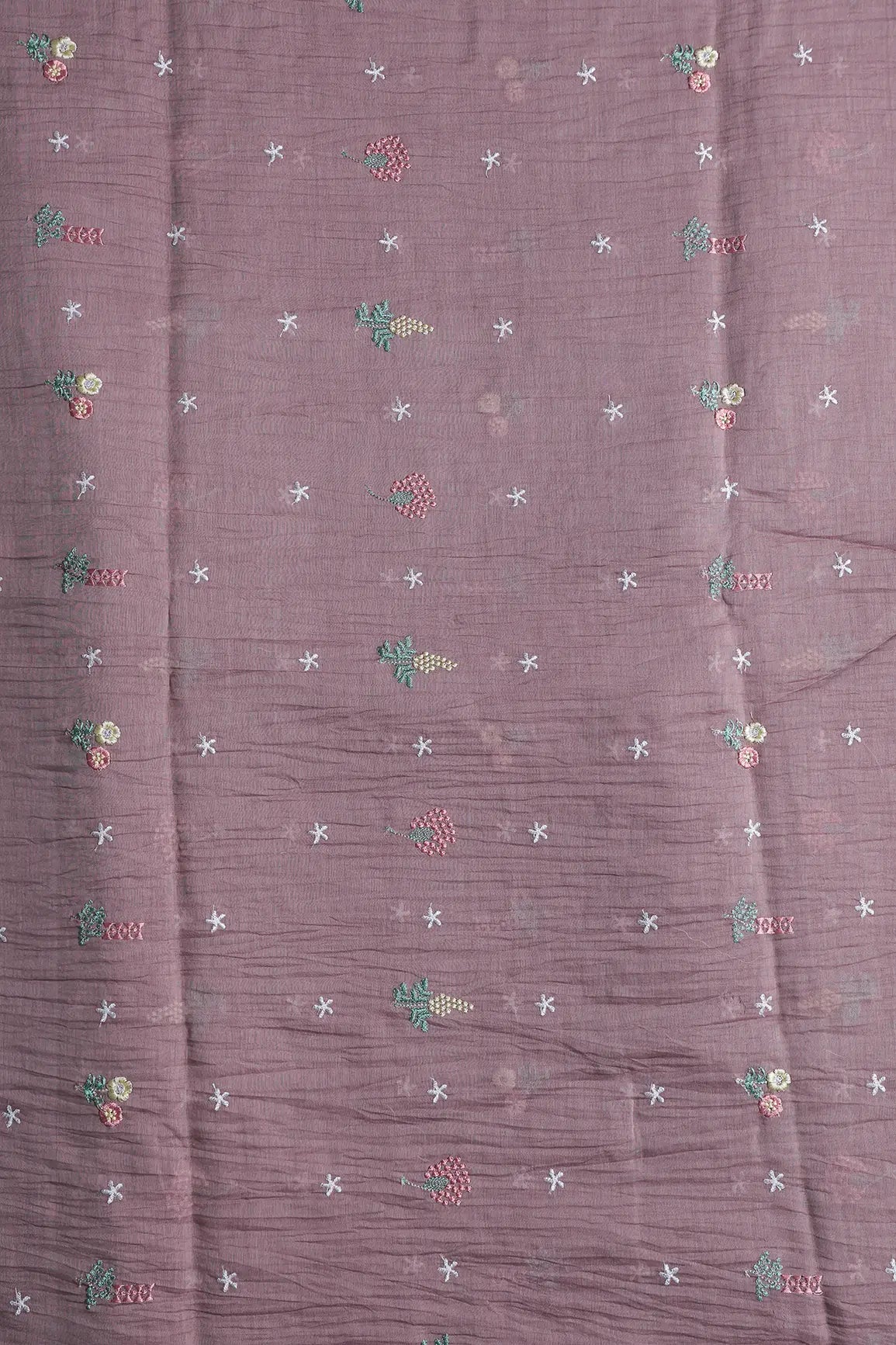 Elegant Multi Thread Floral Embroidery Work On Dark Mauve Pure Mul Chanderi Silk Fabric