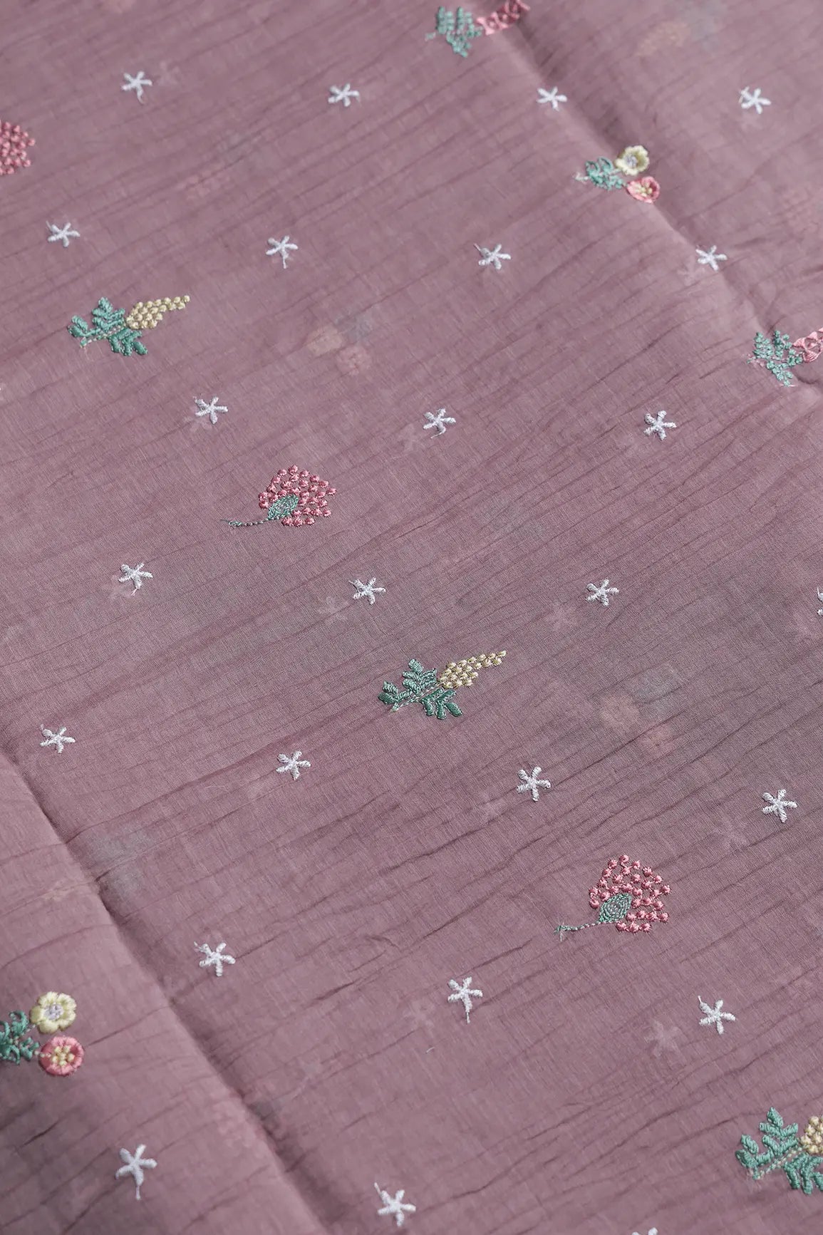 Elegant Multi Thread Floral Embroidery Work On Dark Mauve Pure Mul Chanderi Silk Fabric