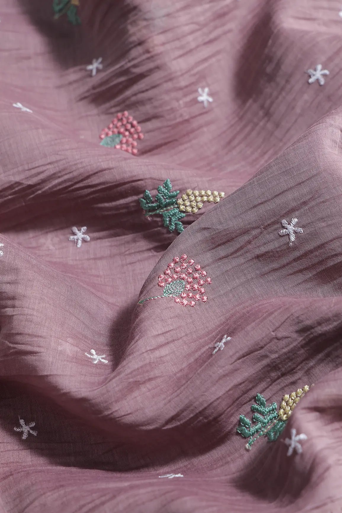 Elegant Multi Thread Floral Embroidery Work On Dark Mauve Pure Mul Chanderi Silk Fabric