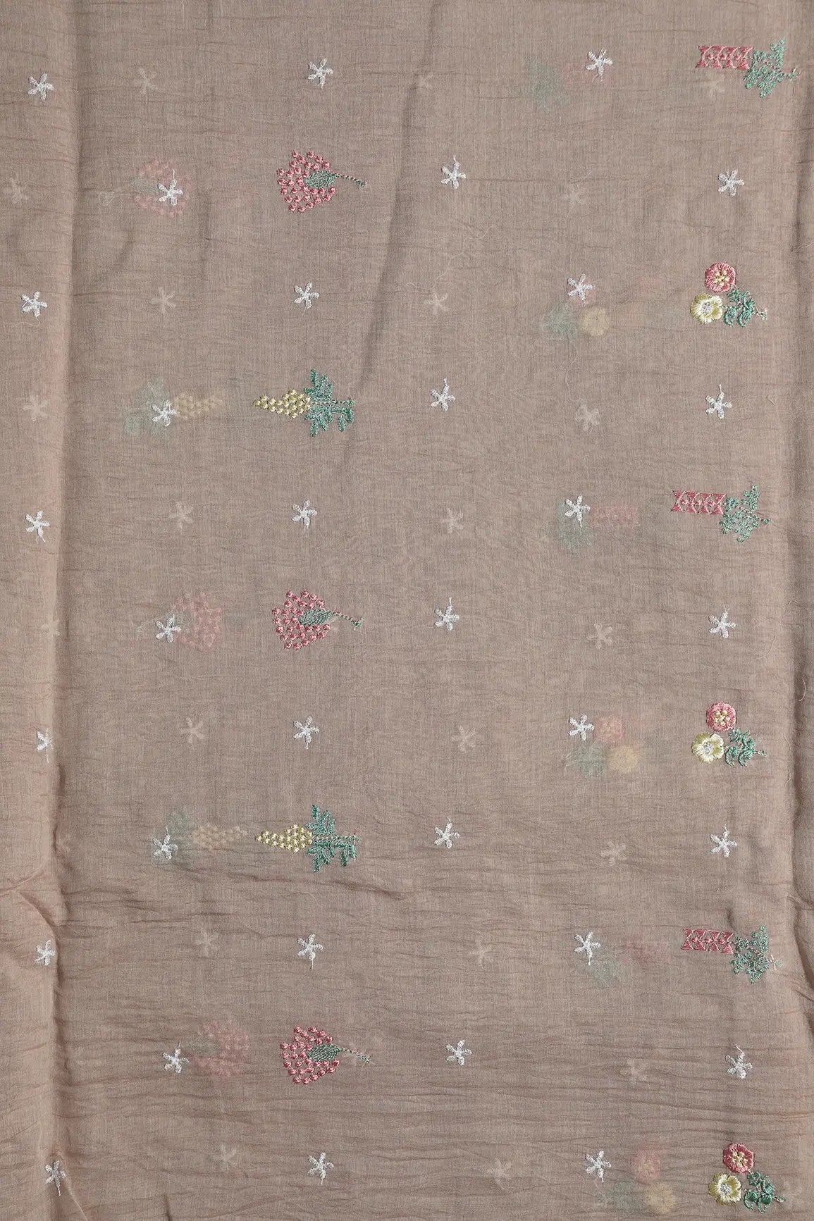 Elegant Multi Thread Floral Embroidery Work On Light Brown Pure Mul Chanderi Silk Fabric