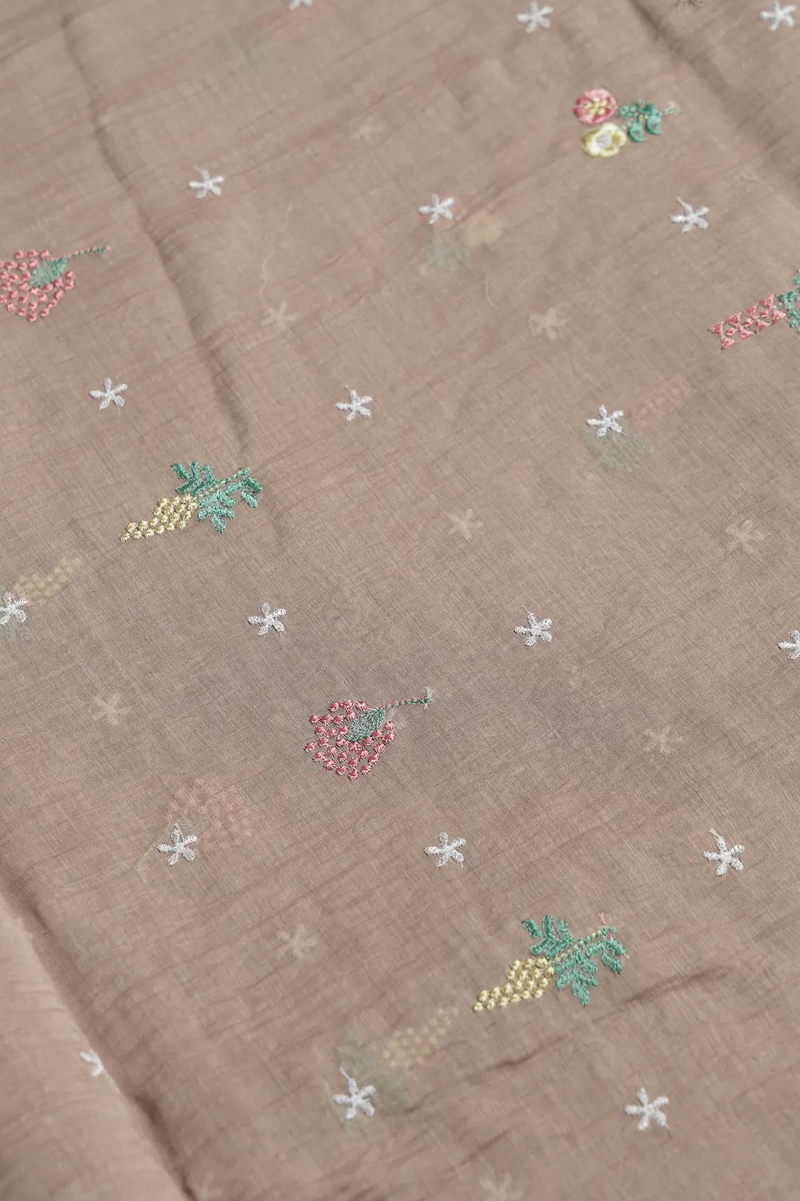 Elegant Multi Thread Floral Embroidery Work On Light Brown Pure Mul Chanderi Silk Fabric