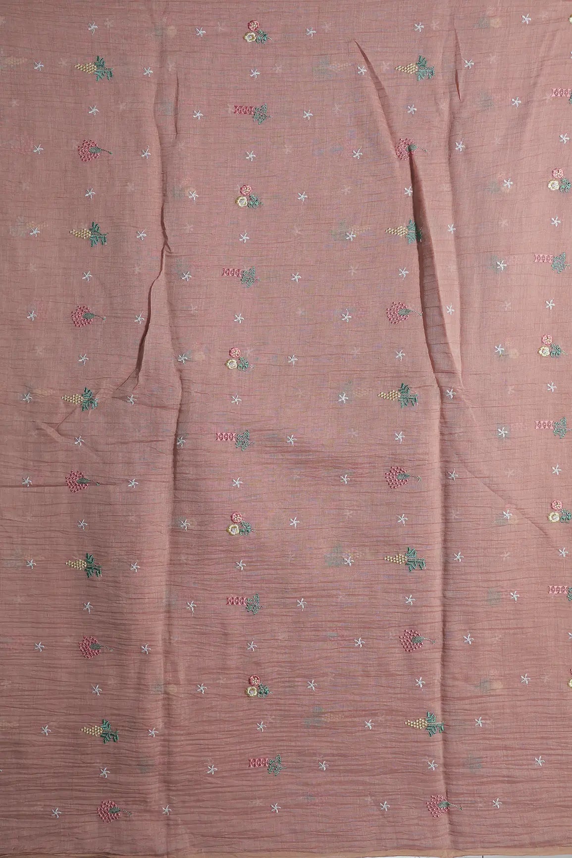Elegant Multi Thread Floral Embroidery Work On Peach Pure Mul Chanderi Silk Fabric
