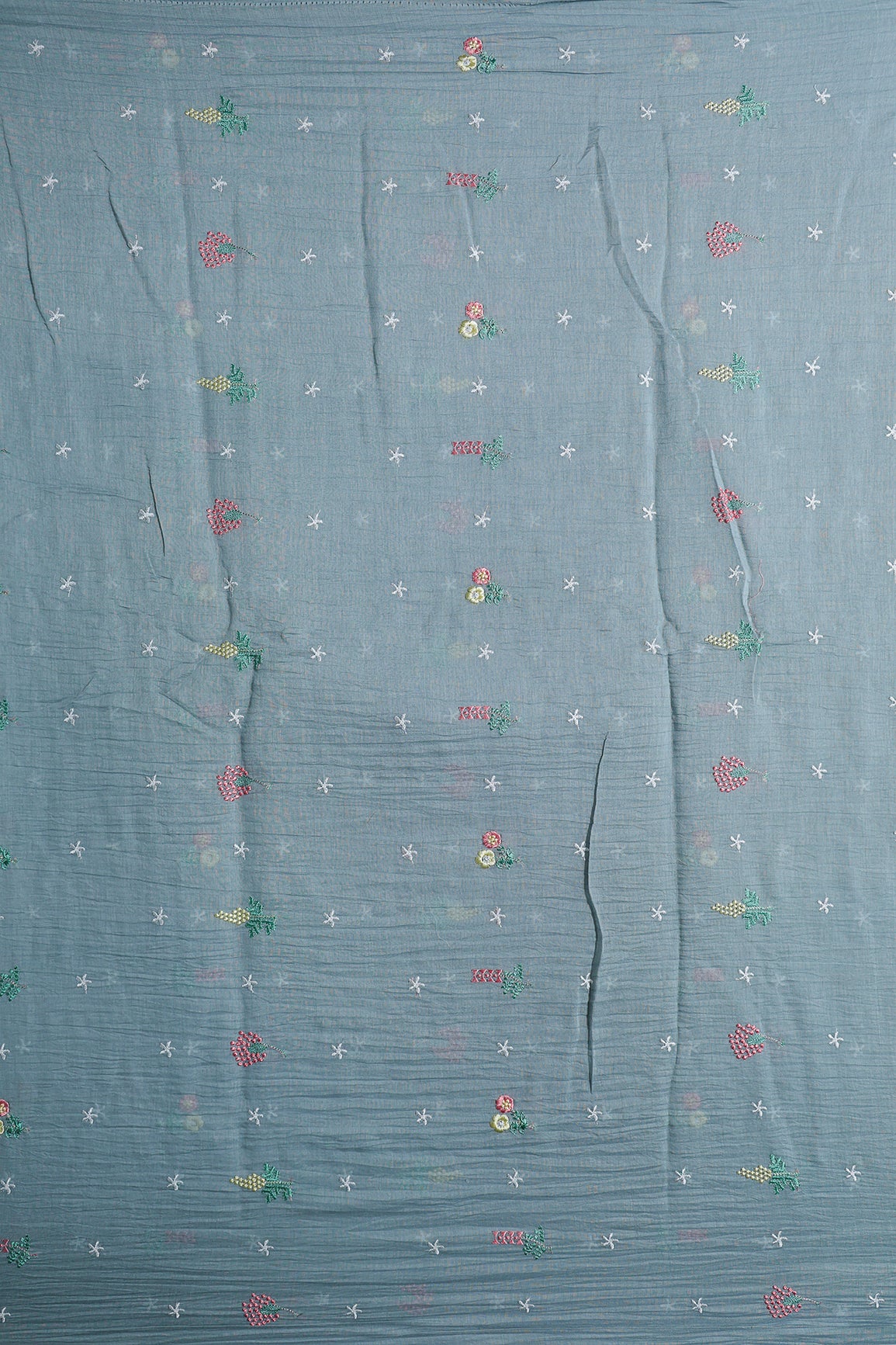 Elegant Multi Thread Floral Embroidery Work On Tempered Grey Pure Mul Chanderi Silk Fabric