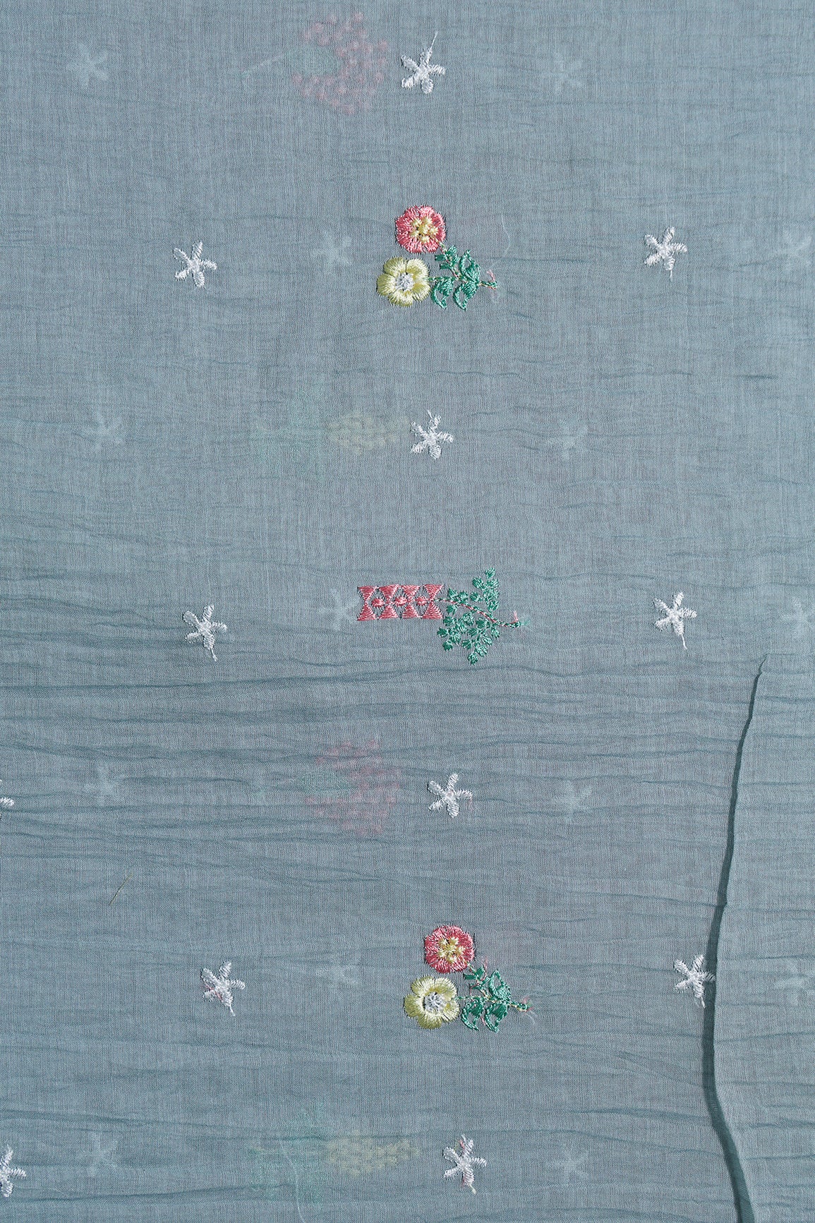 Elegant Multi Thread Floral Embroidery Work On Tempered Grey Pure Mul Chanderi Silk Fabric