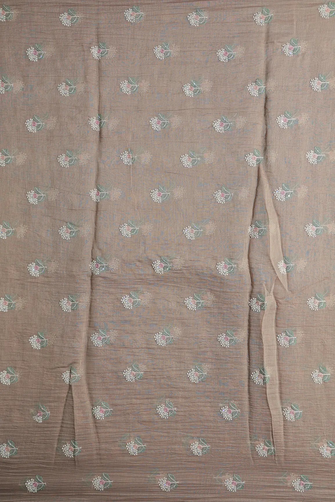 Beautiful Multi Thread With Multi Sequins Floral Embroidery Work On Light Brown Pure Mul Chanderi Silk Fabric