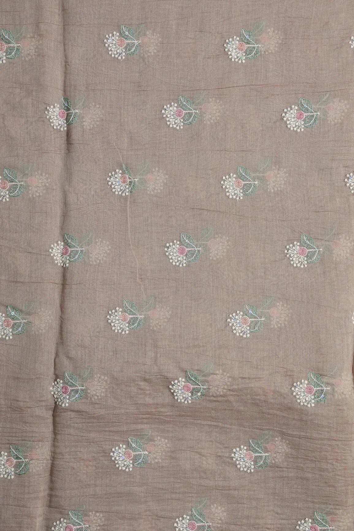 Beautiful Multi Thread With Multi Sequins Floral Embroidery Work On Light Brown Pure Mul Chanderi Silk Fabric