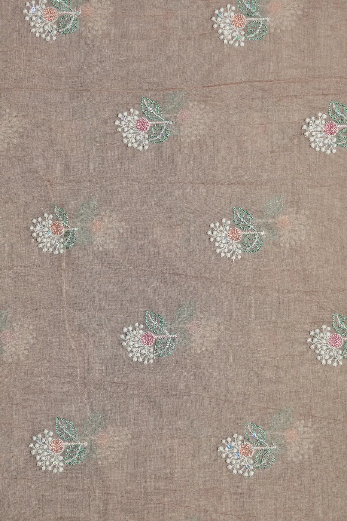 Beautiful Multi Thread With Multi Sequins Floral Embroidery Work On Light Brown Pure Mul Chanderi Silk Fabric