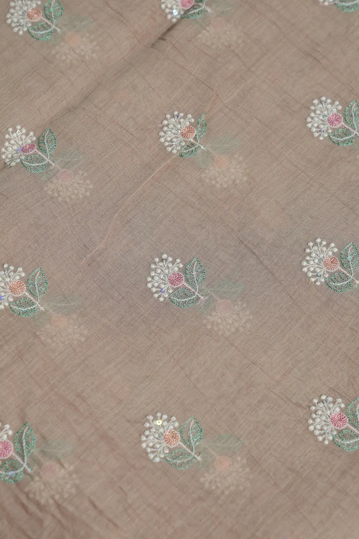 Beautiful Multi Thread With Multi Sequins Floral Embroidery Work On Light Brown Pure Mul Chanderi Silk Fabric