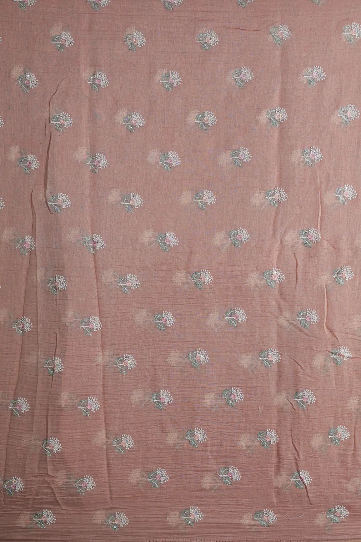Beautiful Multi Thread With Multi Sequins Floral Embroidery Work On Peach Pure Mul Chanderi Silk Fabric