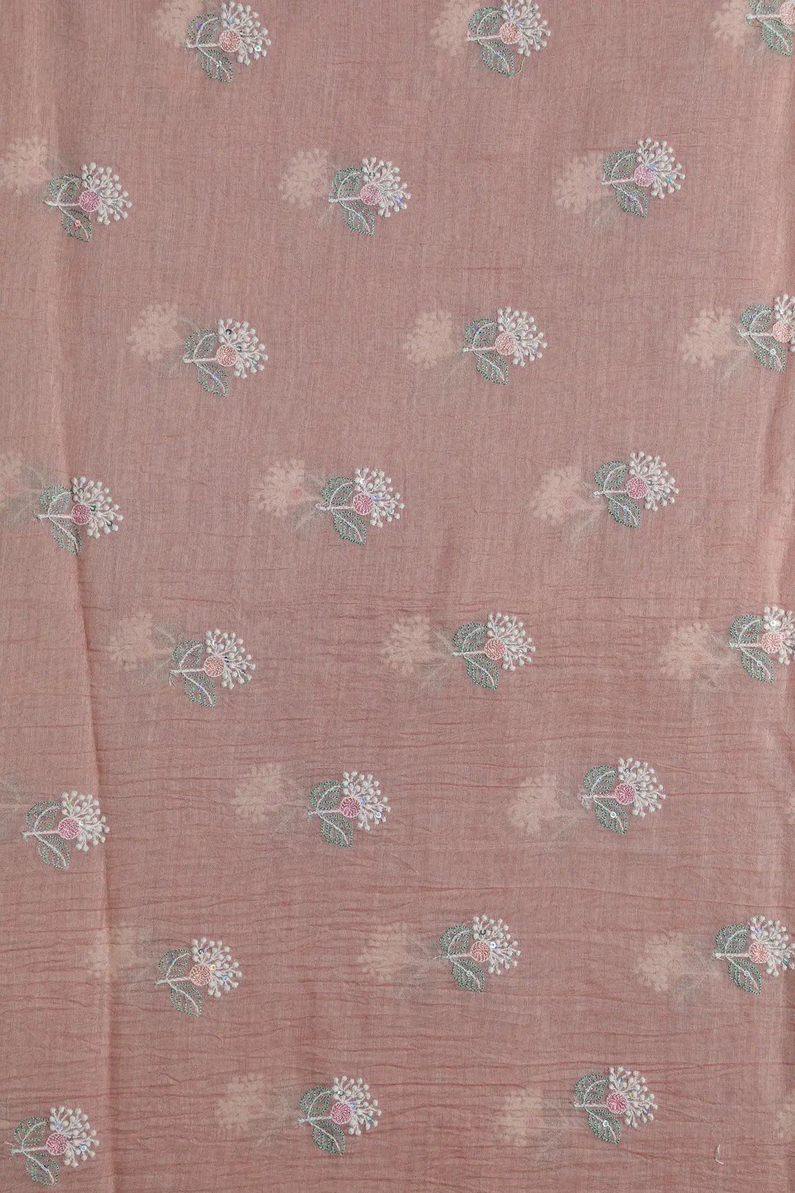 Beautiful Multi Thread With Multi Sequins Floral Embroidery Work On Peach Pure Mul Chanderi Silk Fabric