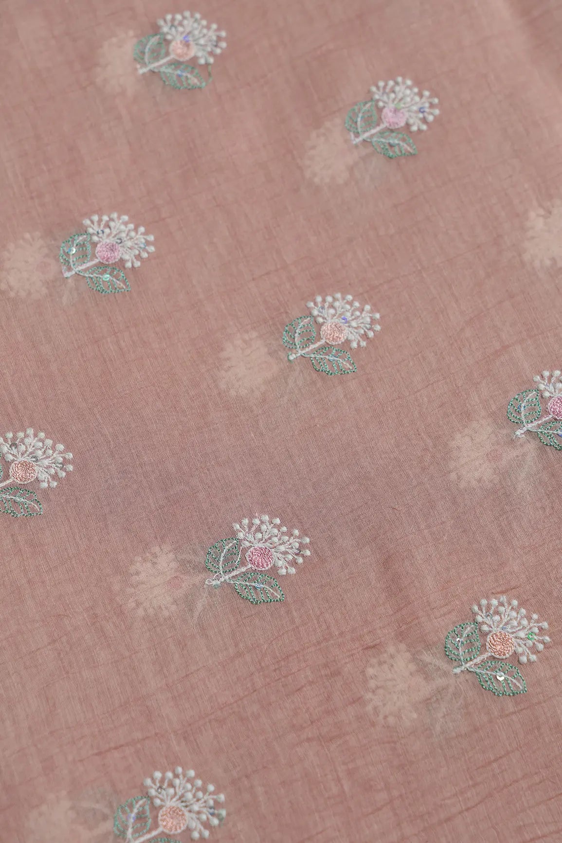 Beautiful Multi Thread With Multi Sequins Floral Embroidery Work On Peach Pure Mul Chanderi Silk Fabric