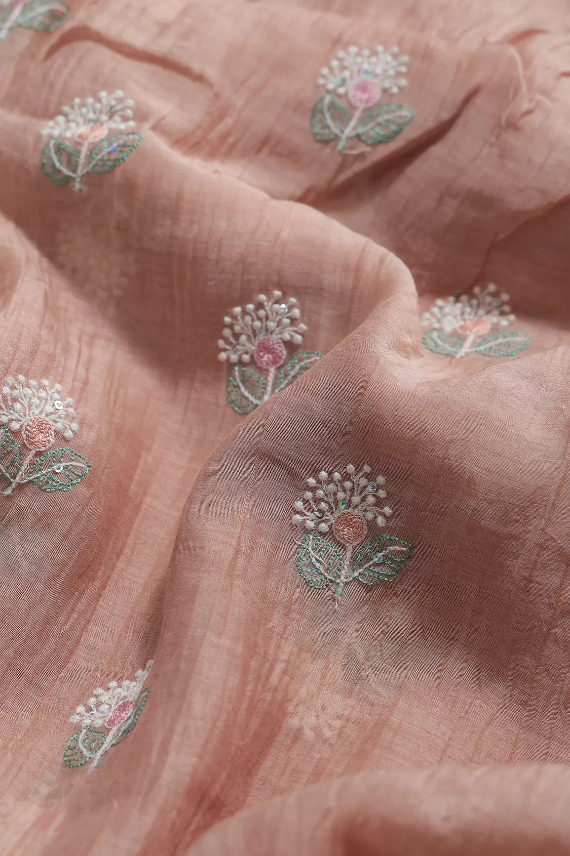 Beautiful Multi Thread With Multi Sequins Floral Embroidery Work On Peach Pure Mul Chanderi Silk Fabric
