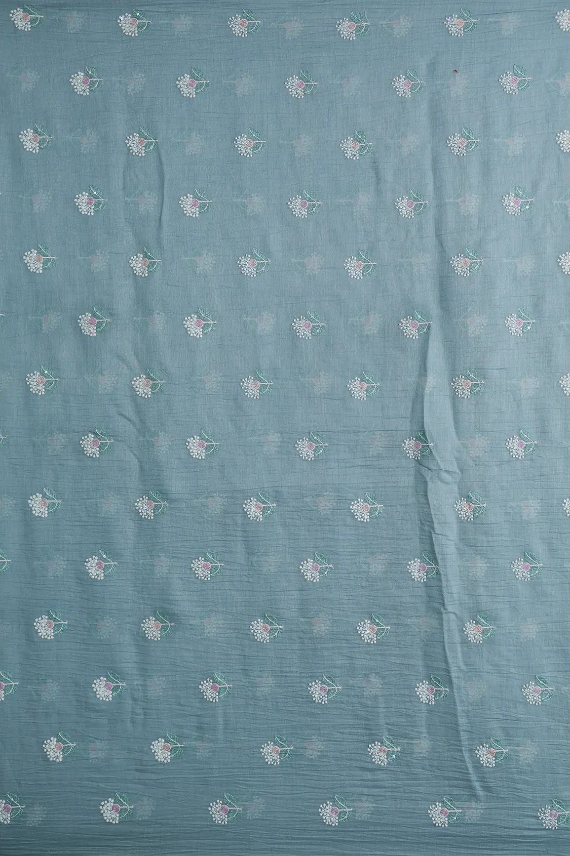Beautiful Multi Thread With Multi Sequins Floral Embroidery Work On Tempered Grey Pure Mul Chanderi Silk Fabric