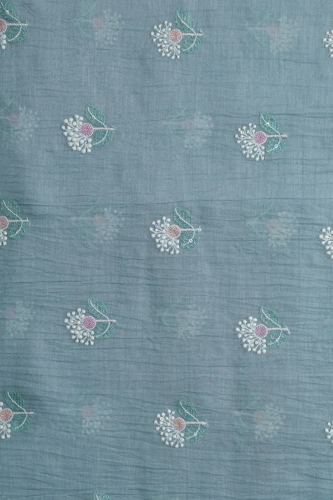 Beautiful Multi Thread With Multi Sequins Floral Embroidery Work On Tempered Grey Pure Mul Chanderi Silk Fabric