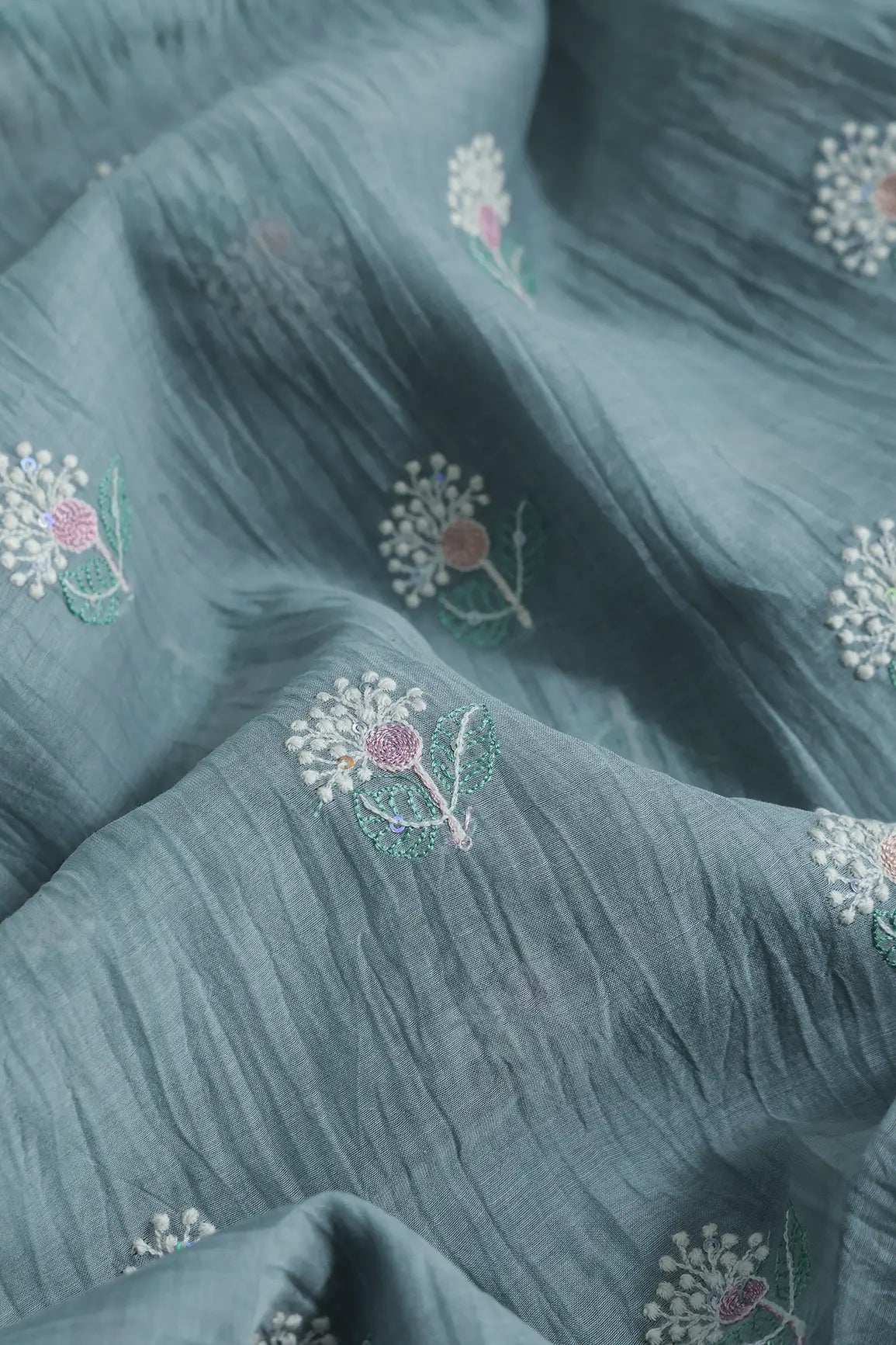 Beautiful Multi Thread With Multi Sequins Floral Embroidery Work On Tempered Grey Pure Mul Chanderi Silk Fabric