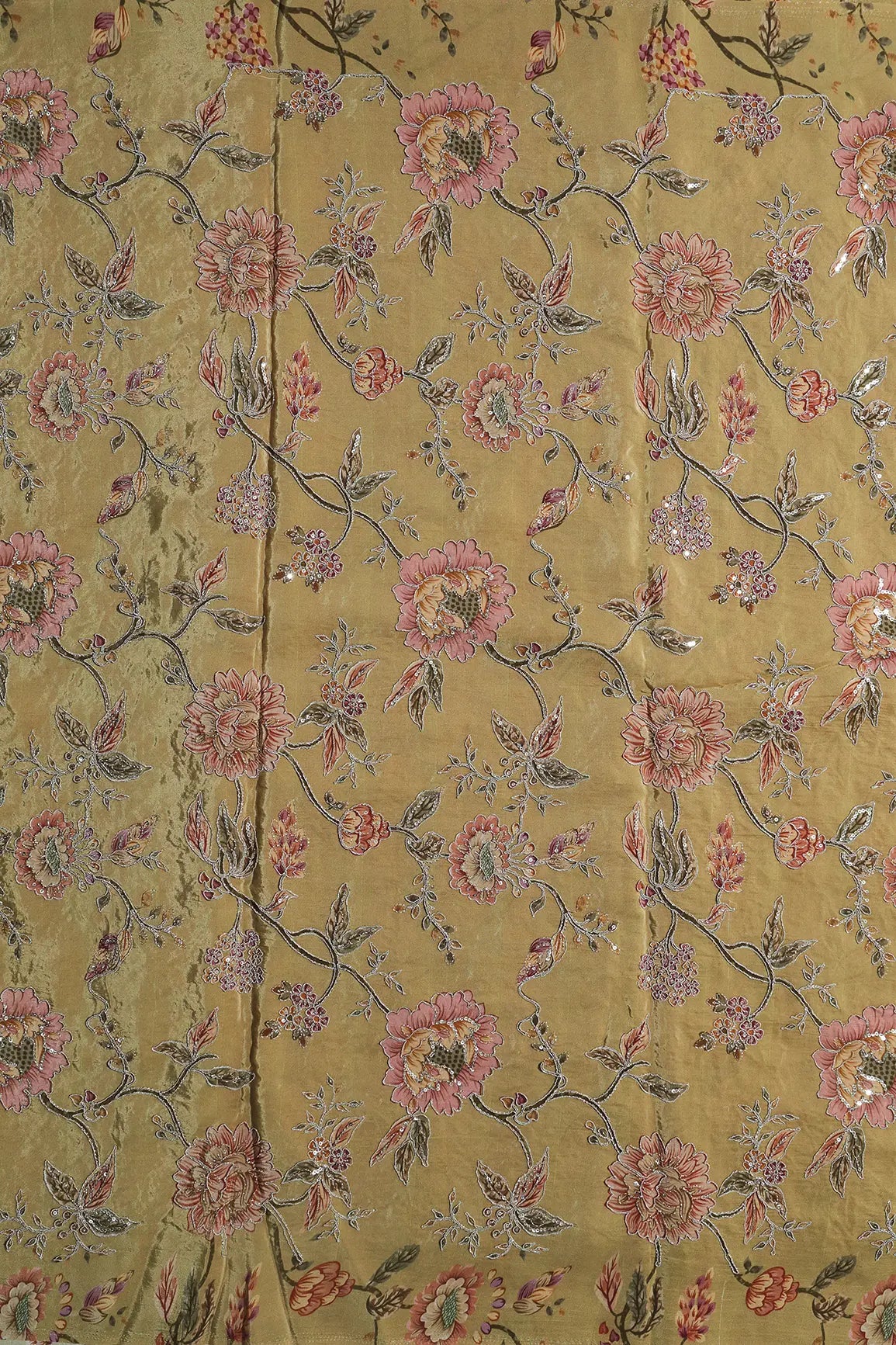 Zari With Sequins Floral Positional Print On Golden Tan Pure Crepe Fabric