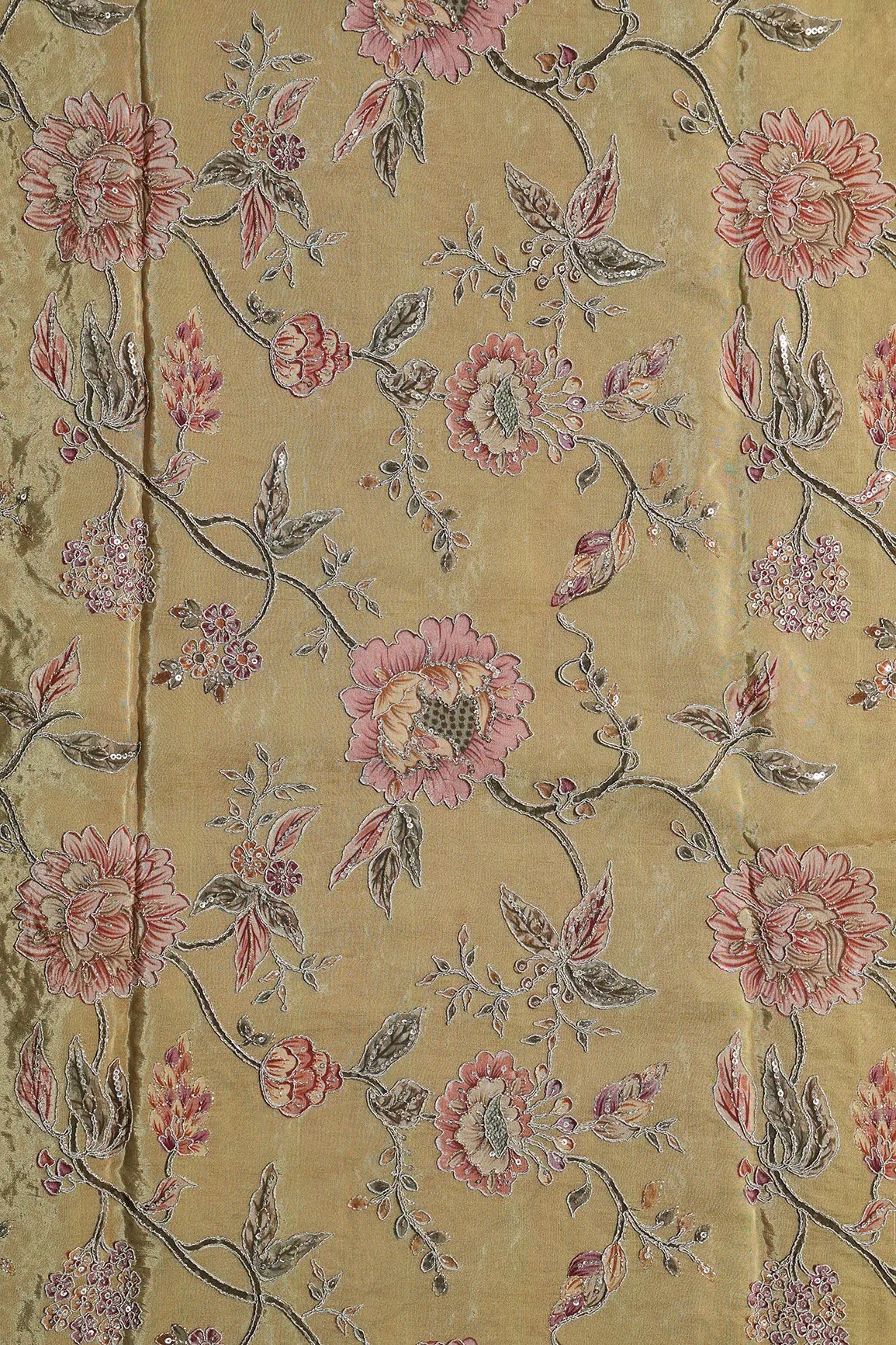 Zari With Sequins Floral Positional Print On Golden Tan Pure Crepe Fabric