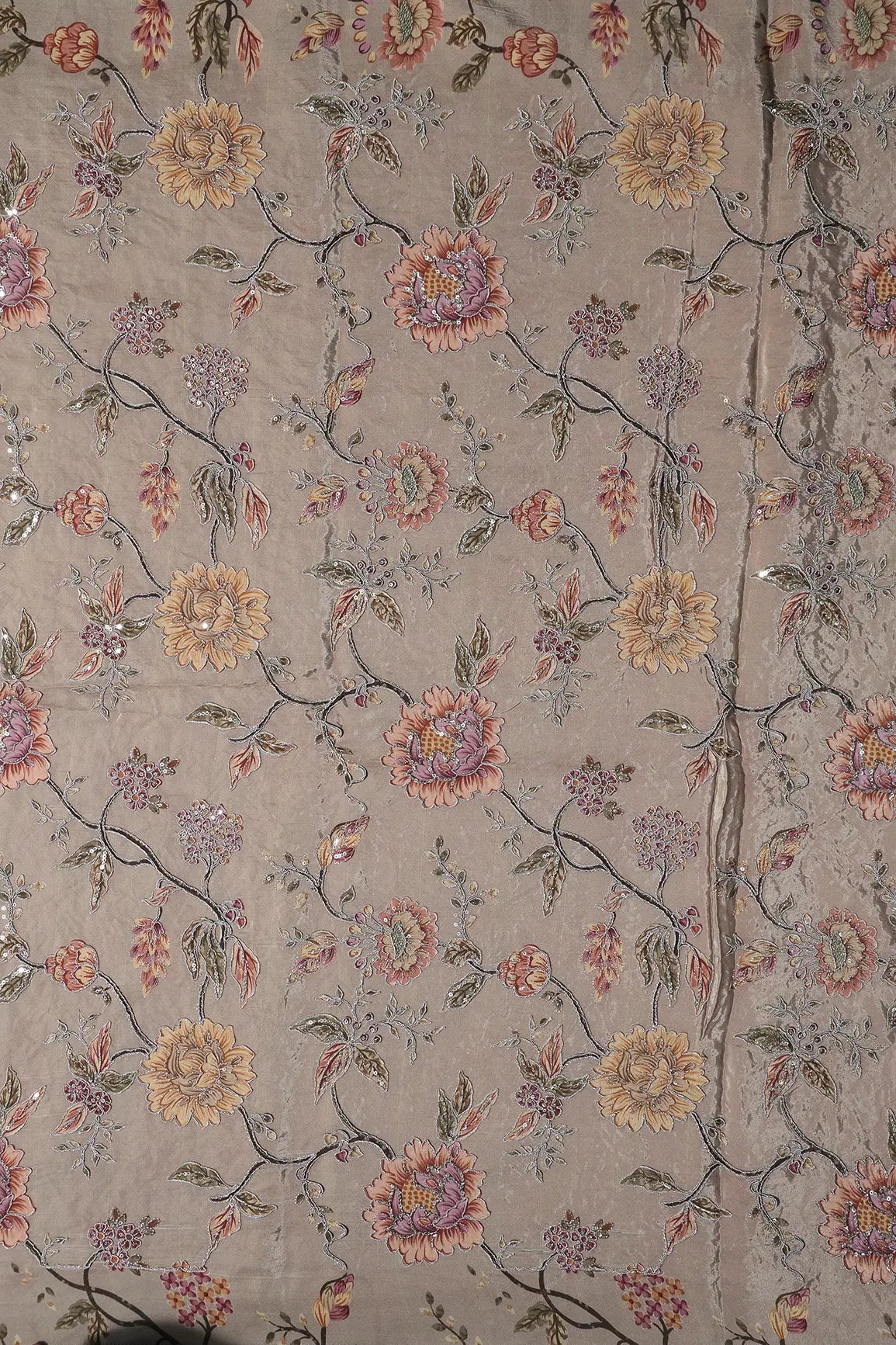 Zari With Sequins Floral Positional Print On Light Brown Pure Crepe Fabric