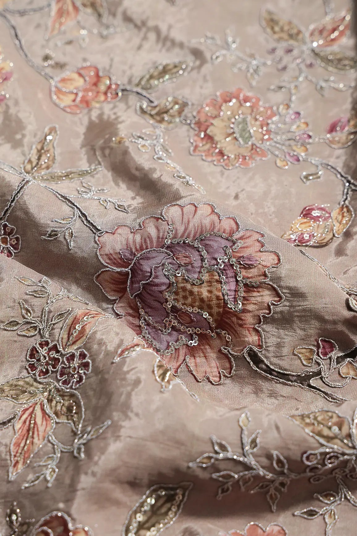 Zari With Sequins Floral Positional Print On Light Brown Pure Crepe Fabric