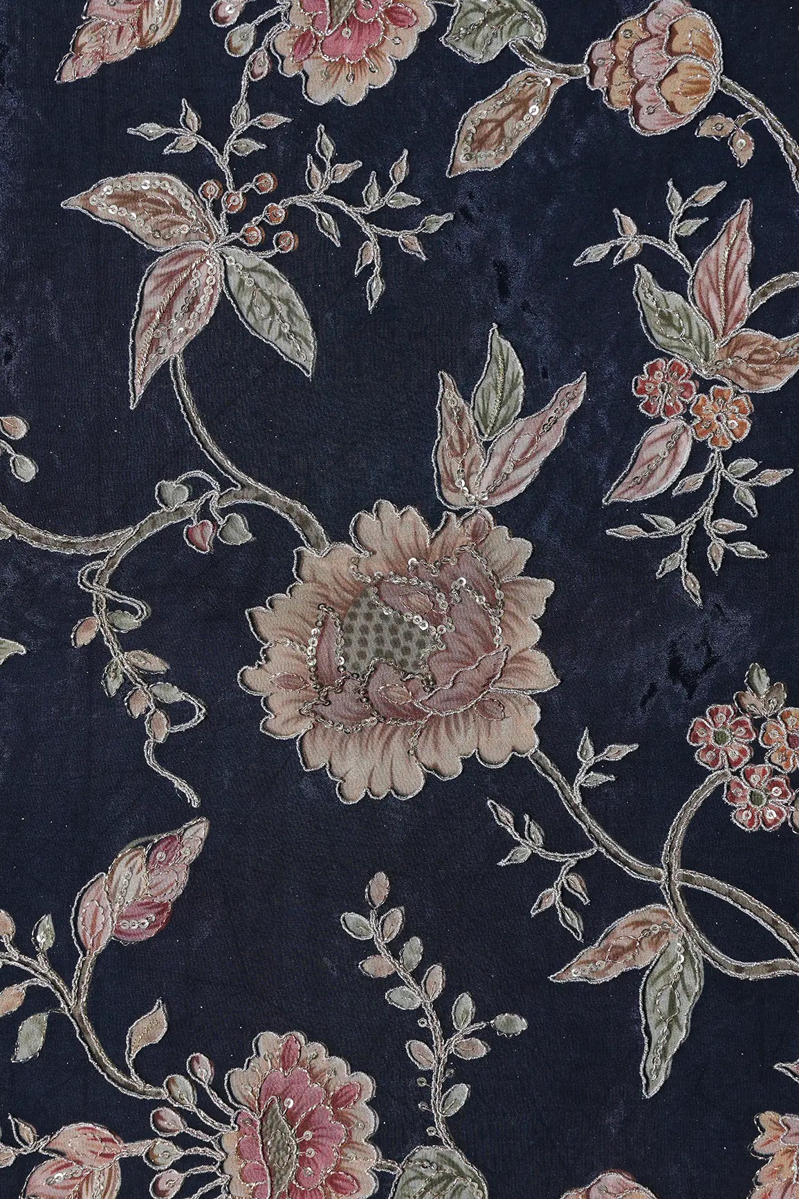 Zari With Sequins Floral Positional Print On Navy Blue Pure Crepe Fabric