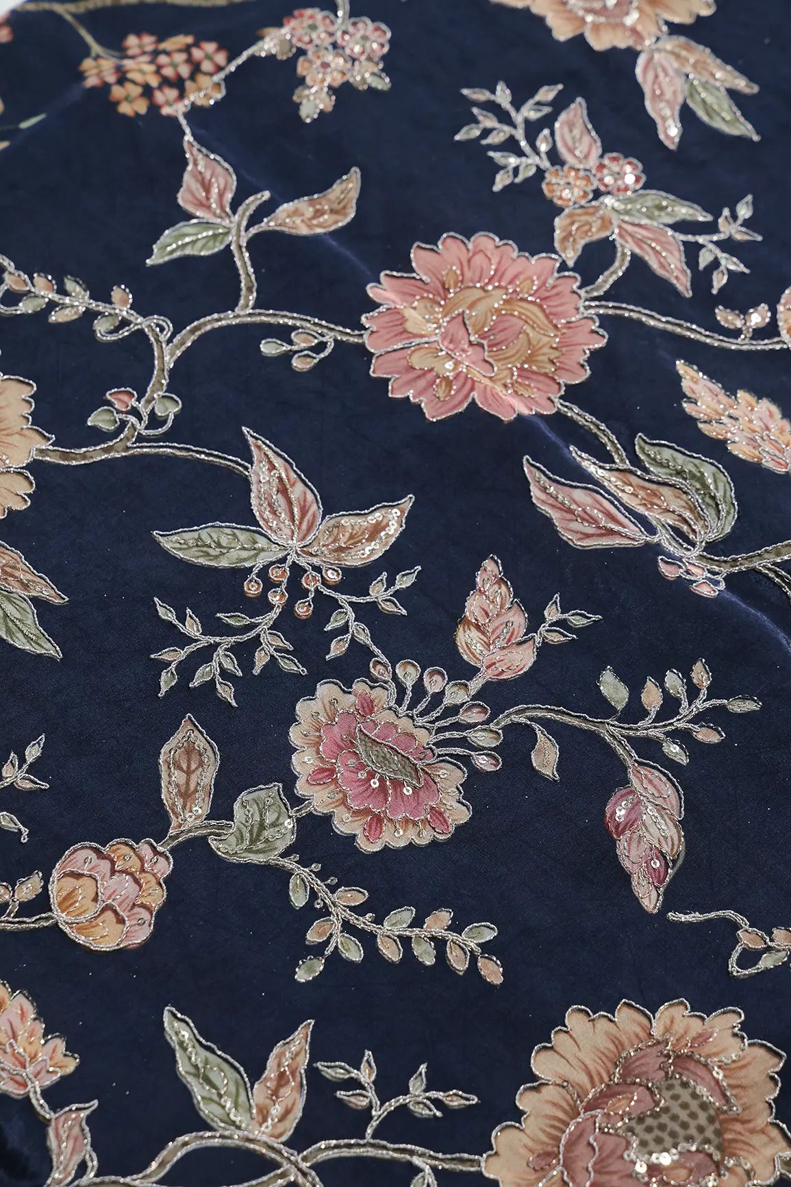 Zari With Sequins Floral Positional Print On Navy Blue Pure Crepe Fabric