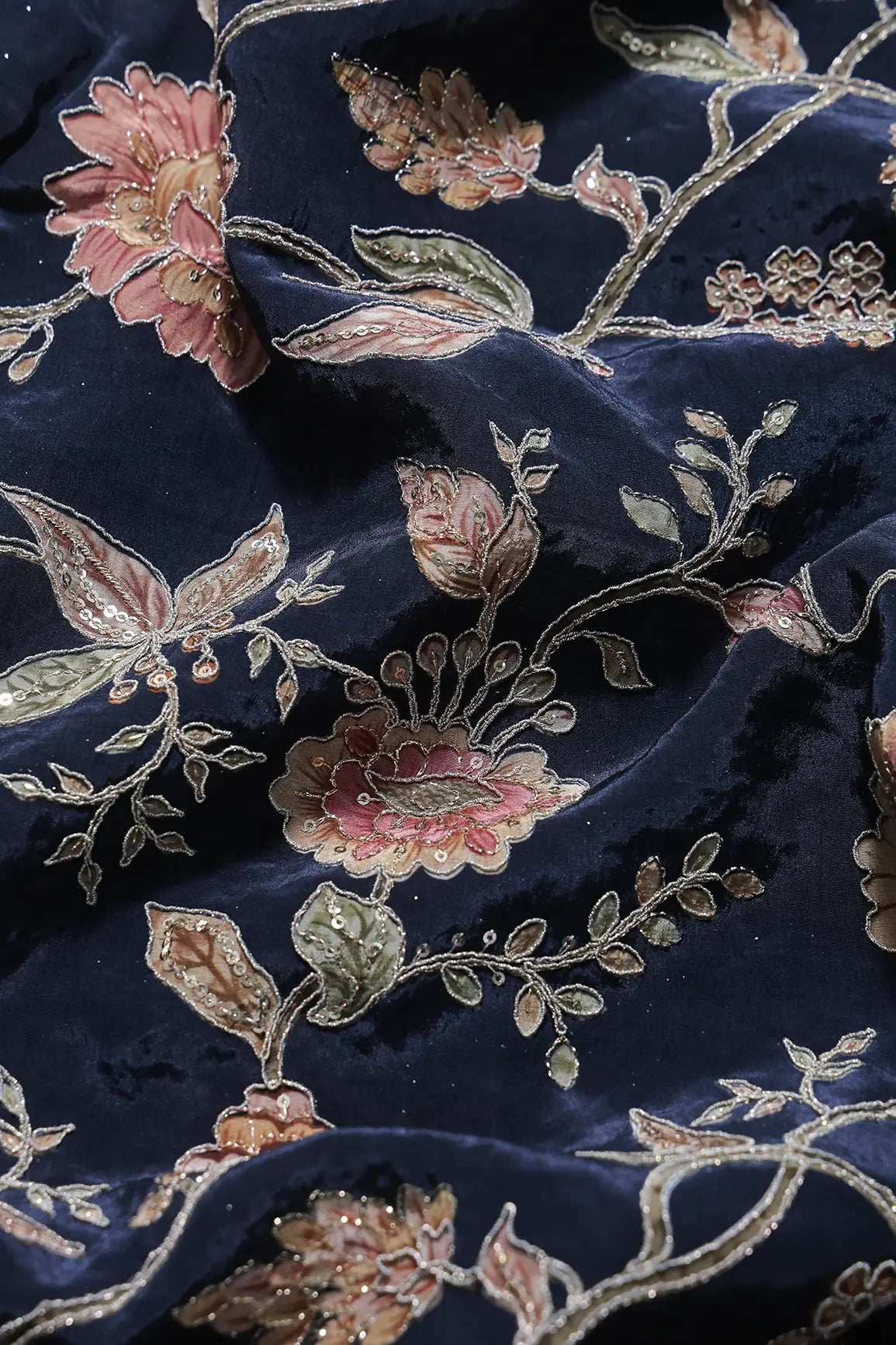 Zari With Sequins Floral Positional Print On Navy Blue Pure Crepe Fabric