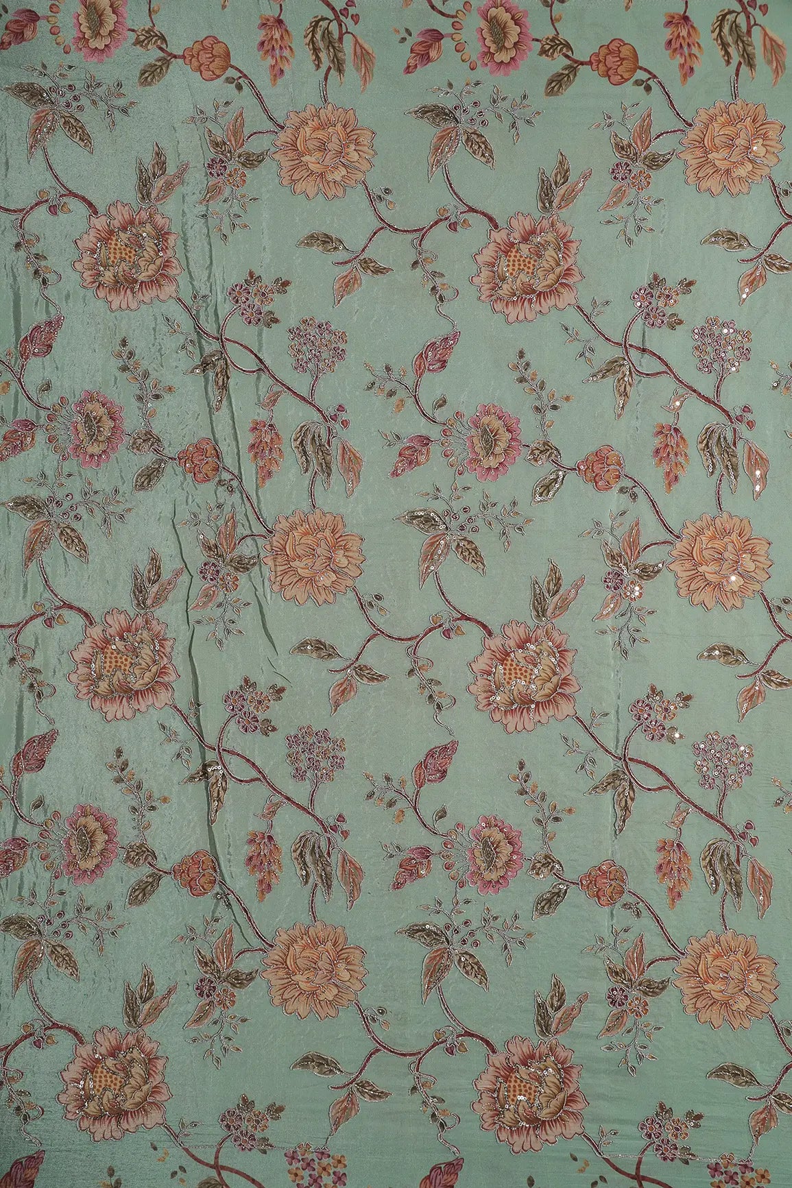 Zari With Sequins Floral Positional Print On Olive Green Pure Crepe Fabric