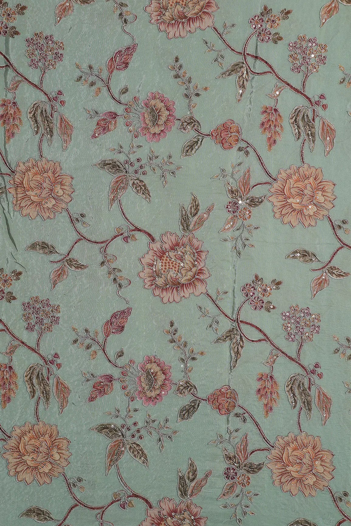 Zari With Sequins Floral Positional Print On Olive Green Pure Crepe Fabric