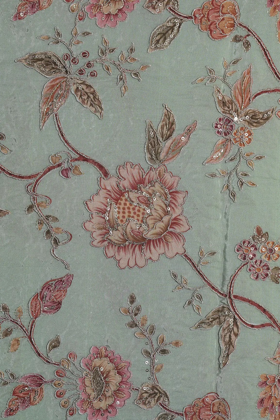 Zari With Sequins Floral Positional Print On Olive Green Pure Crepe Fabric