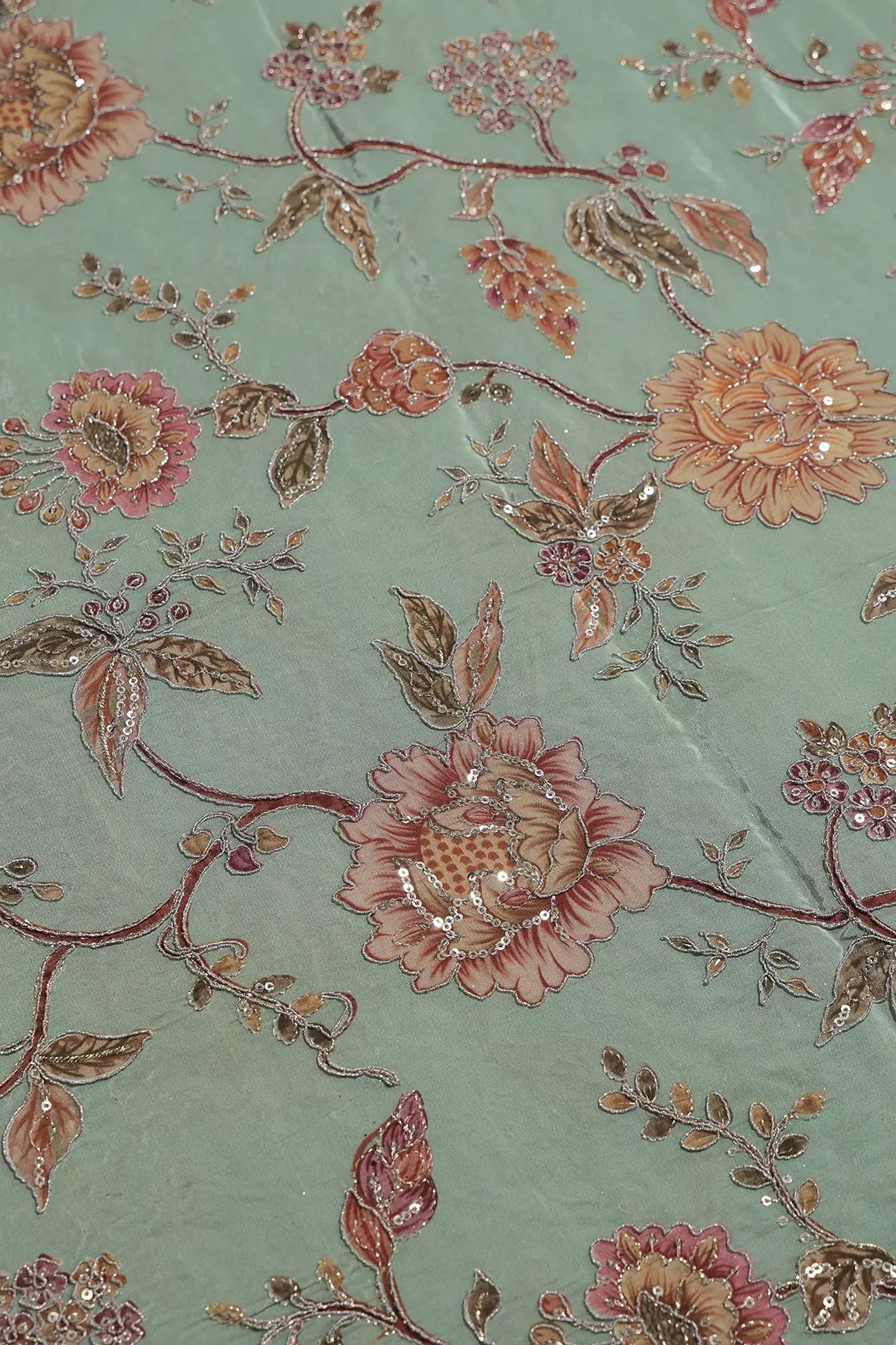 Zari With Sequins Floral Positional Print On Olive Green Pure Crepe Fabric