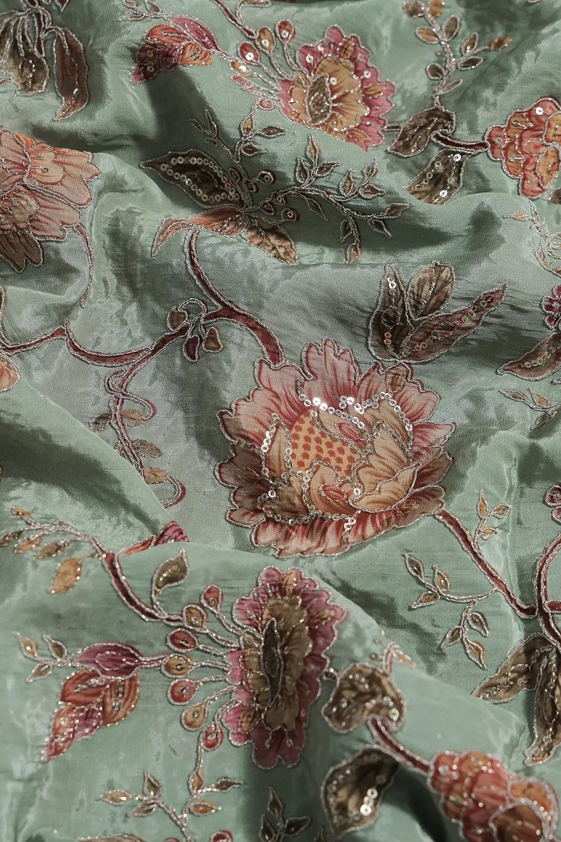 Zari With Sequins Floral Positional Print On Olive Green Pure Crepe Fabric