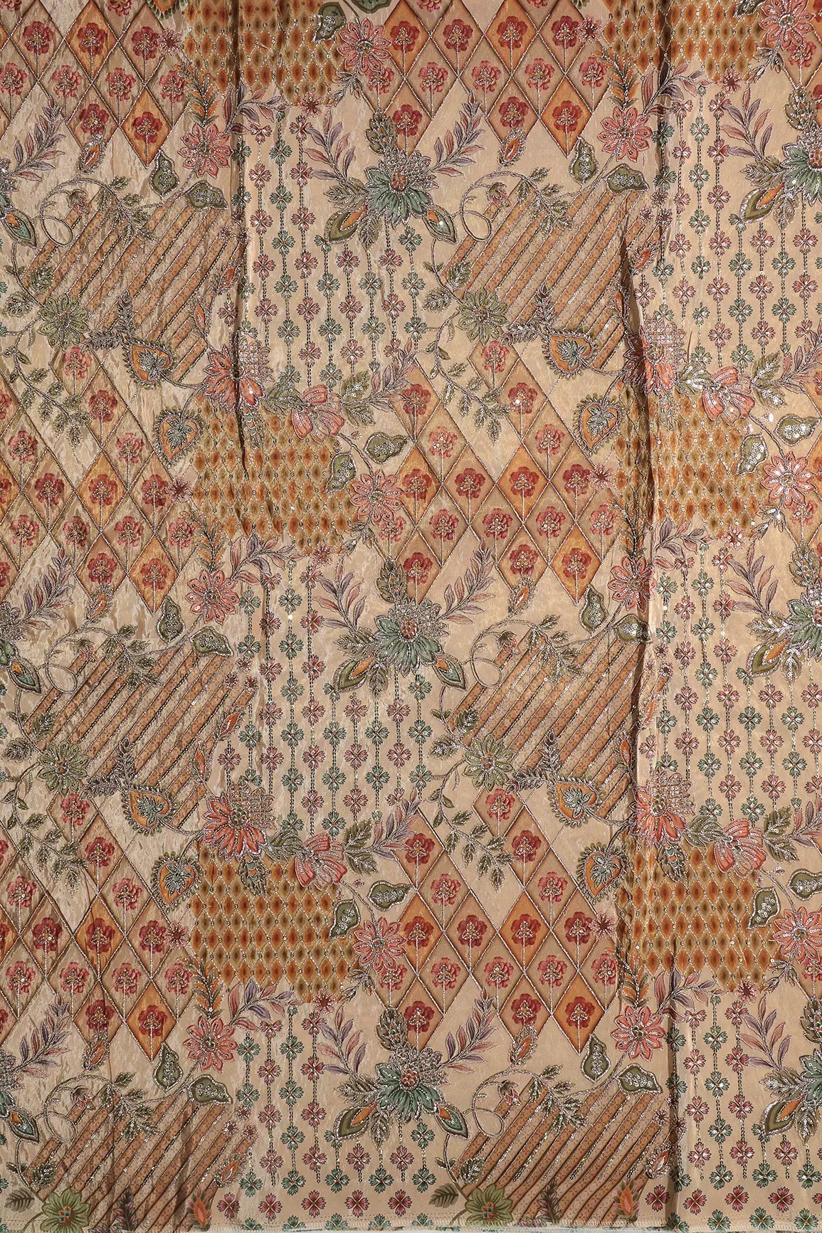 Floral Positional Print On Sequins With Zari Embroidery Work On Beige Viscose Zari Tissue Fabric