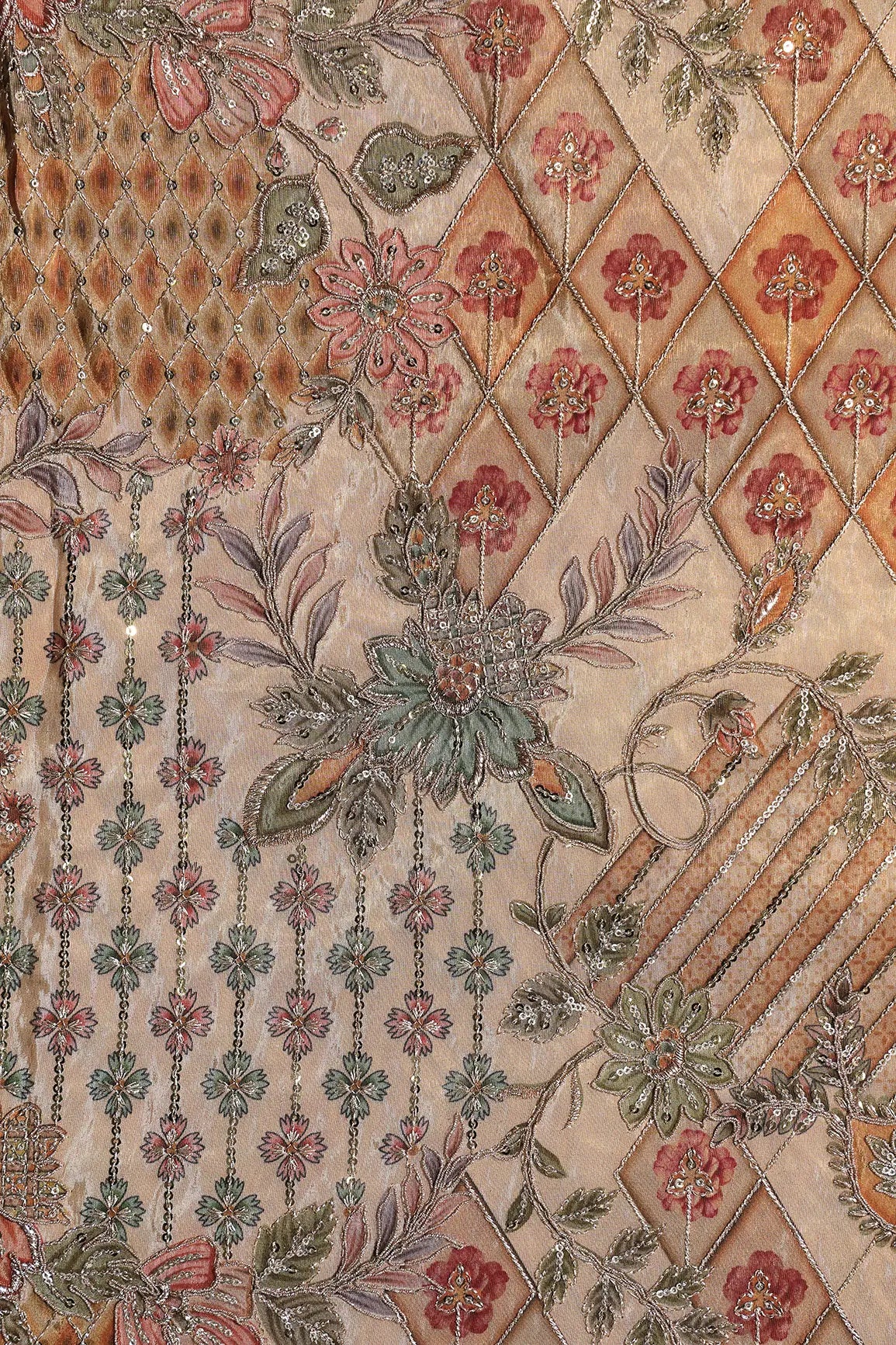 Floral Positional Print On Sequins With Zari Embroidery Work On Beige Viscose Zari Tissue Fabric