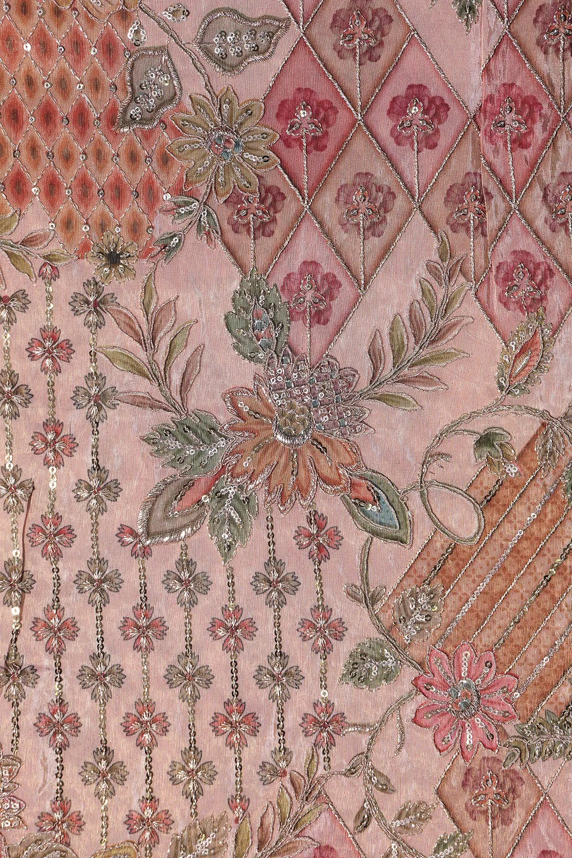 Floral Positional Print On Sequins With Zari Embroidery Work On Peach Viscose Zari Tissue Fabric