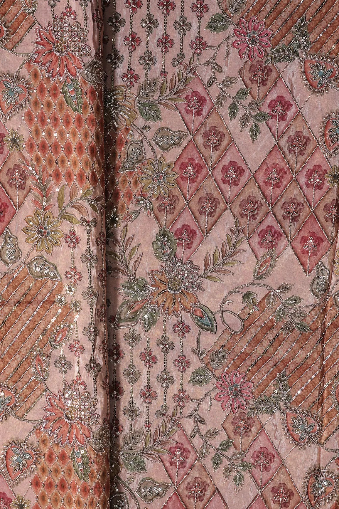 Floral Positional Print On Sequins With Zari Embroidery Work On Peach Viscose Zari Tissue Fabric