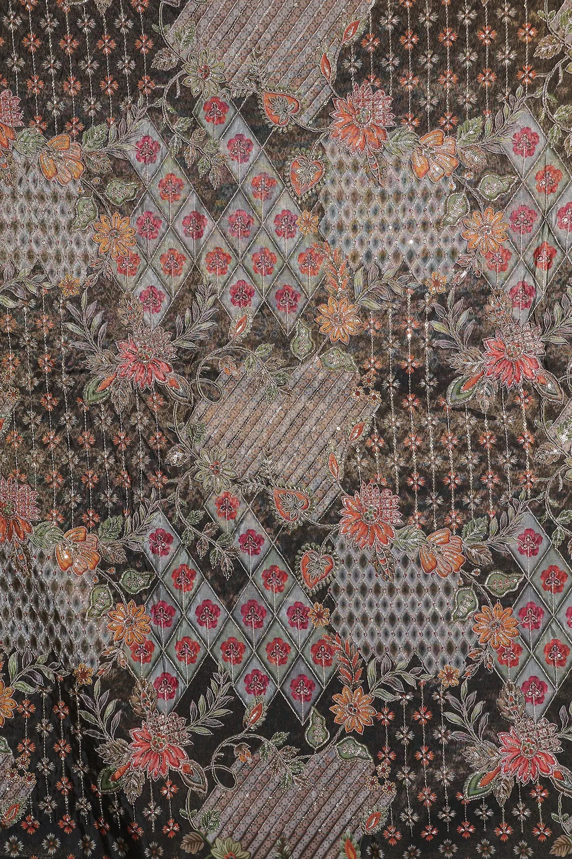 Floral Positional Print On Sequins With Zari Embroidery Work On Dark Mehendi Green Viscose Zari Tissue Fabric
