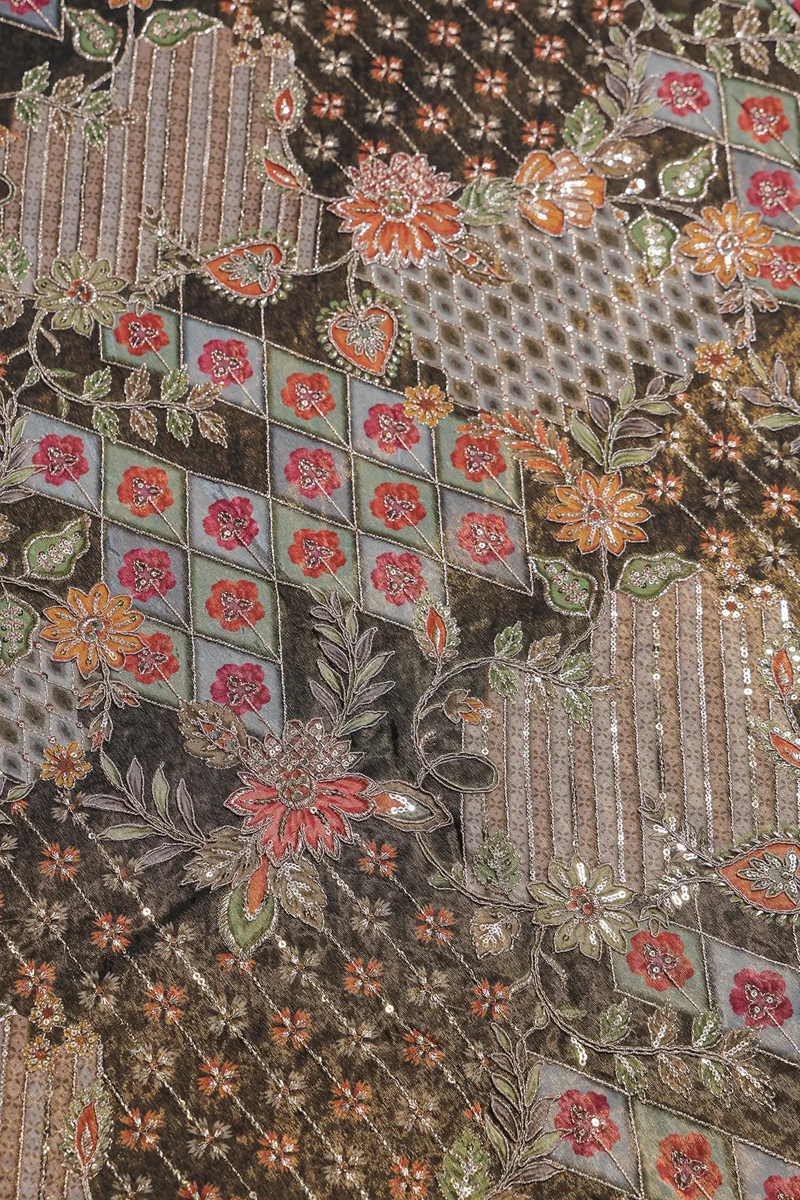 Floral Positional Print On Sequins With Zari Embroidery Work On Dark Mehendi Green Viscose Zari Tissue Fabric