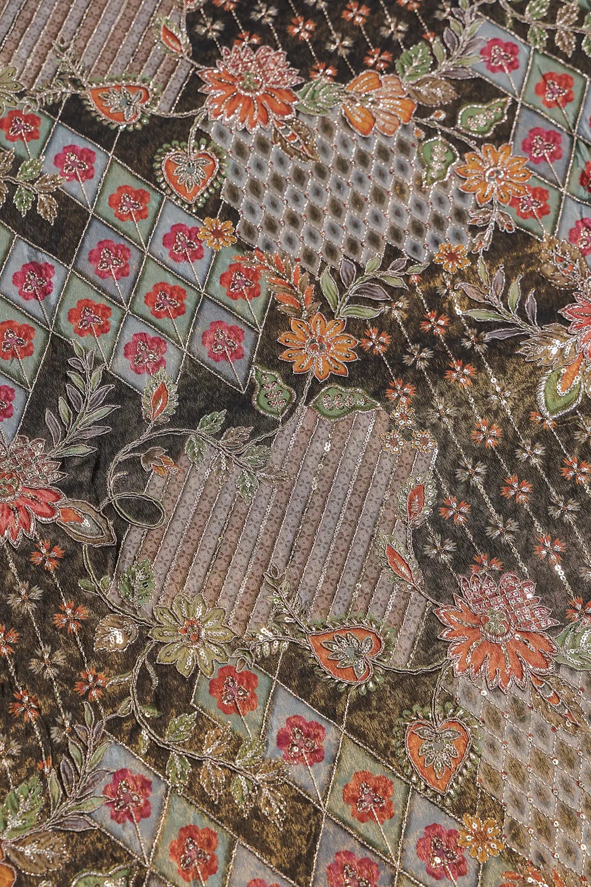 Floral Positional Print On Sequins With Zari Embroidery Work On Dark Mehendi Green Viscose Zari Tissue Fabric