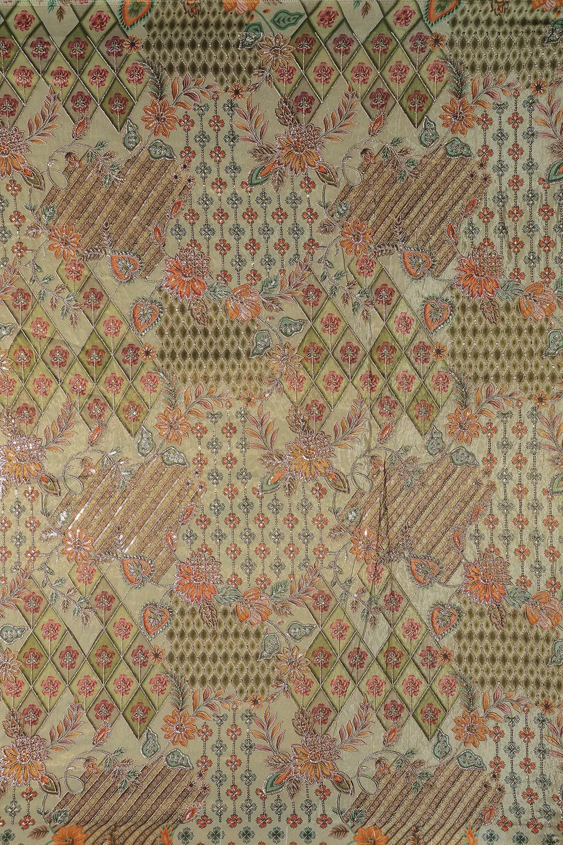 Floral Positional Print On Sequins With Zari Embroidery Work On Olive Green Viscose Zari Tissue Fabric
