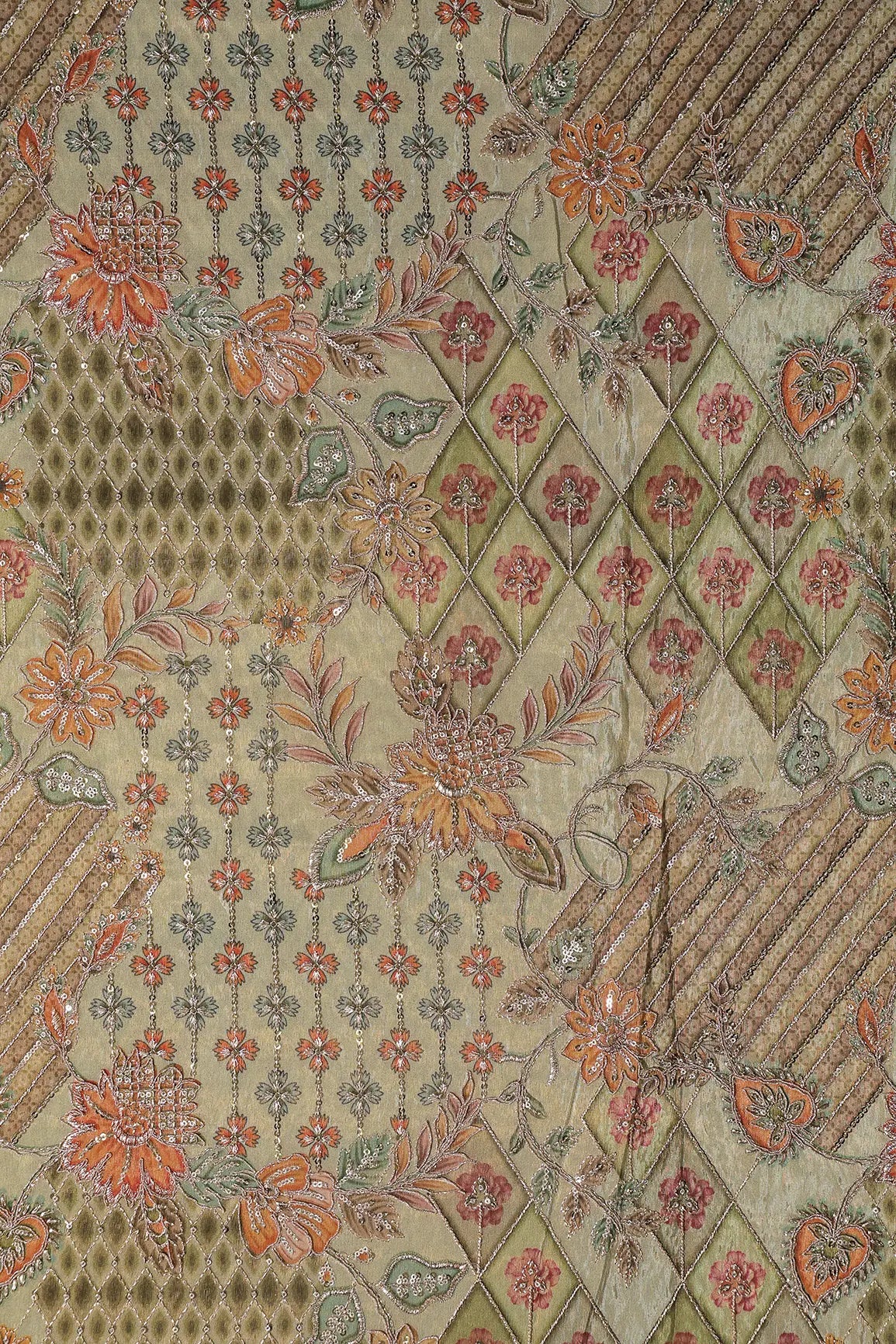 Floral Positional Print On Sequins With Zari Embroidery Work On Olive Green Viscose Zari Tissue Fabric