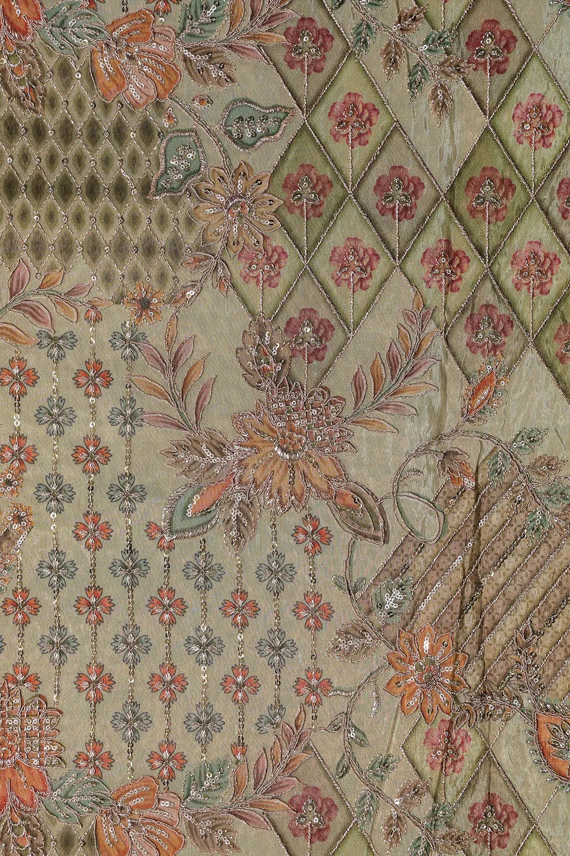 Floral Positional Print On Sequins With Zari Embroidery Work On Olive Green Viscose Zari Tissue Fabric