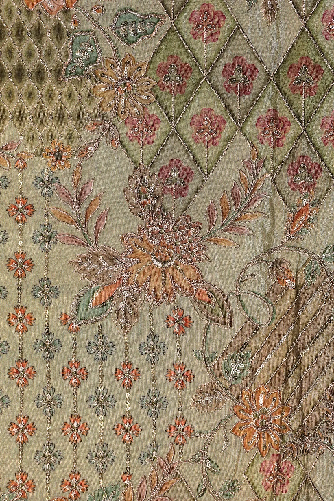 Floral Positional Print On Sequins With Zari Embroidery Work On Olive Green Viscose Zari Tissue Fabric
